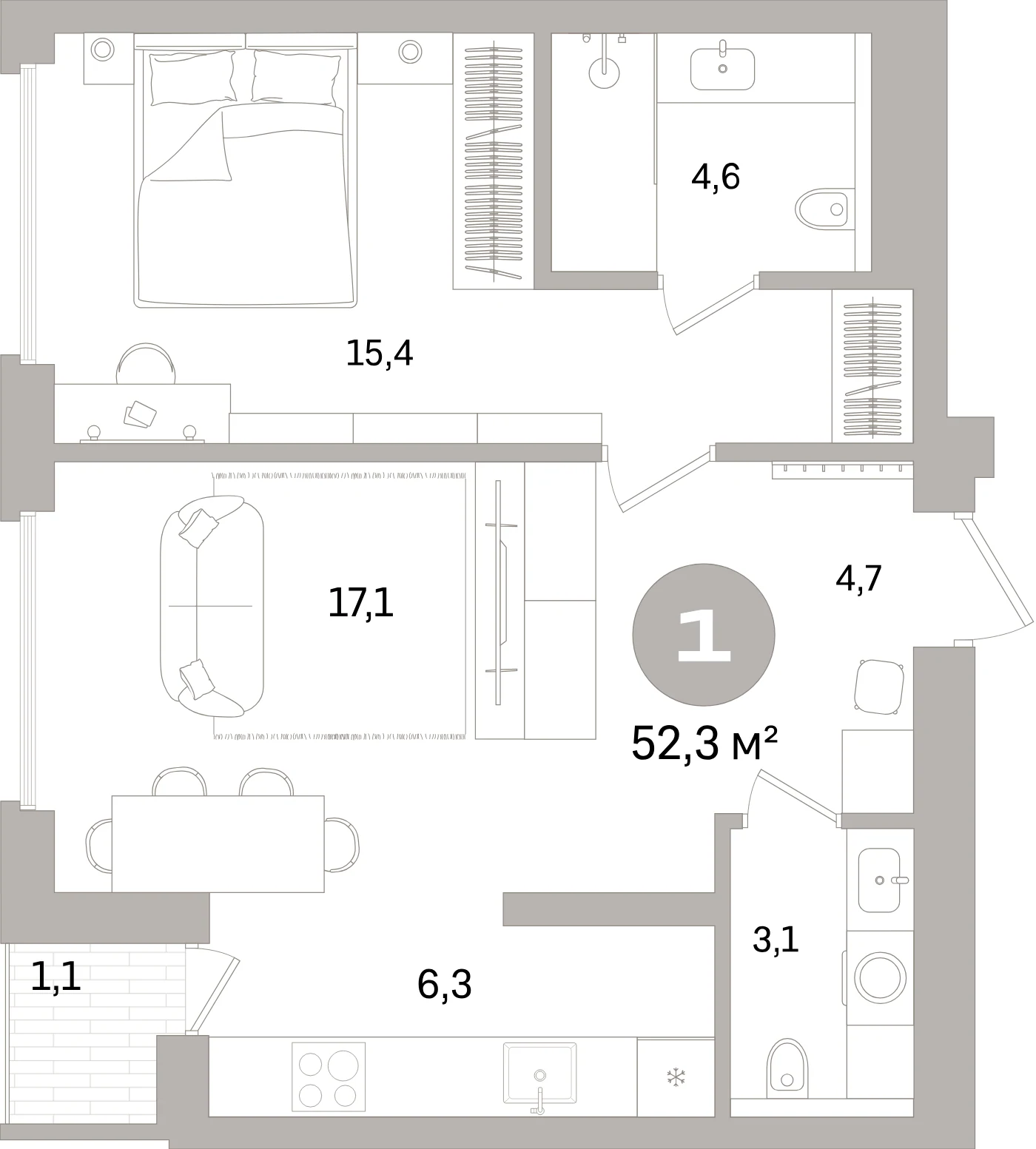 Планировка 2-комнатная 52,3 м² в жилом квартале «Северный ветер» — Жилой квартал «Северный ветер»