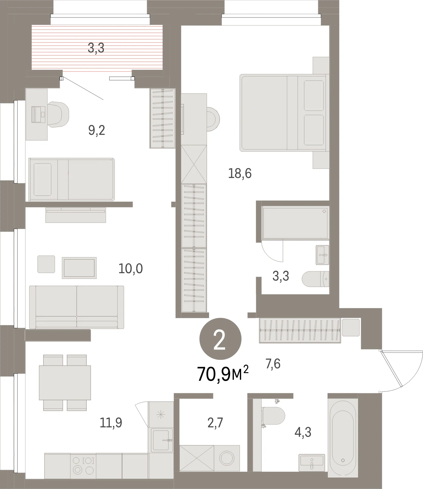 Планировка 3-комнатная 70,9 м² в жилом квартале «Северный ветер» — Жилой квартал «Северный ветер»