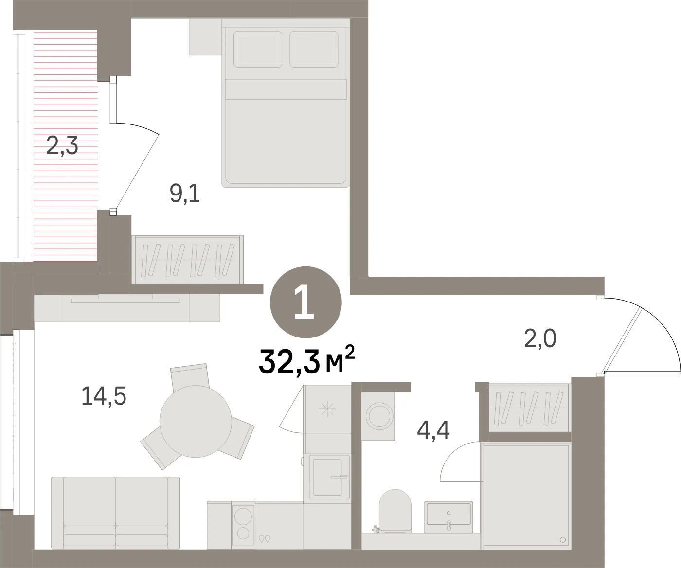 Планировка 2-комнатная 32,3 м² в жилом квартале «Северный ветер» — Жилой квартал «Северный ветер»