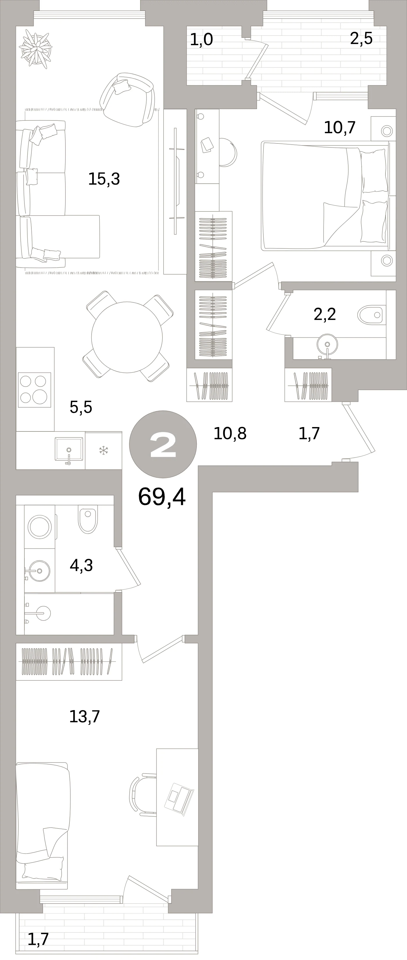 Планировка 3-комнатная 69,4 м² в жилом квартале «Северный ветер» — Жилой квартал «Северный ветер»