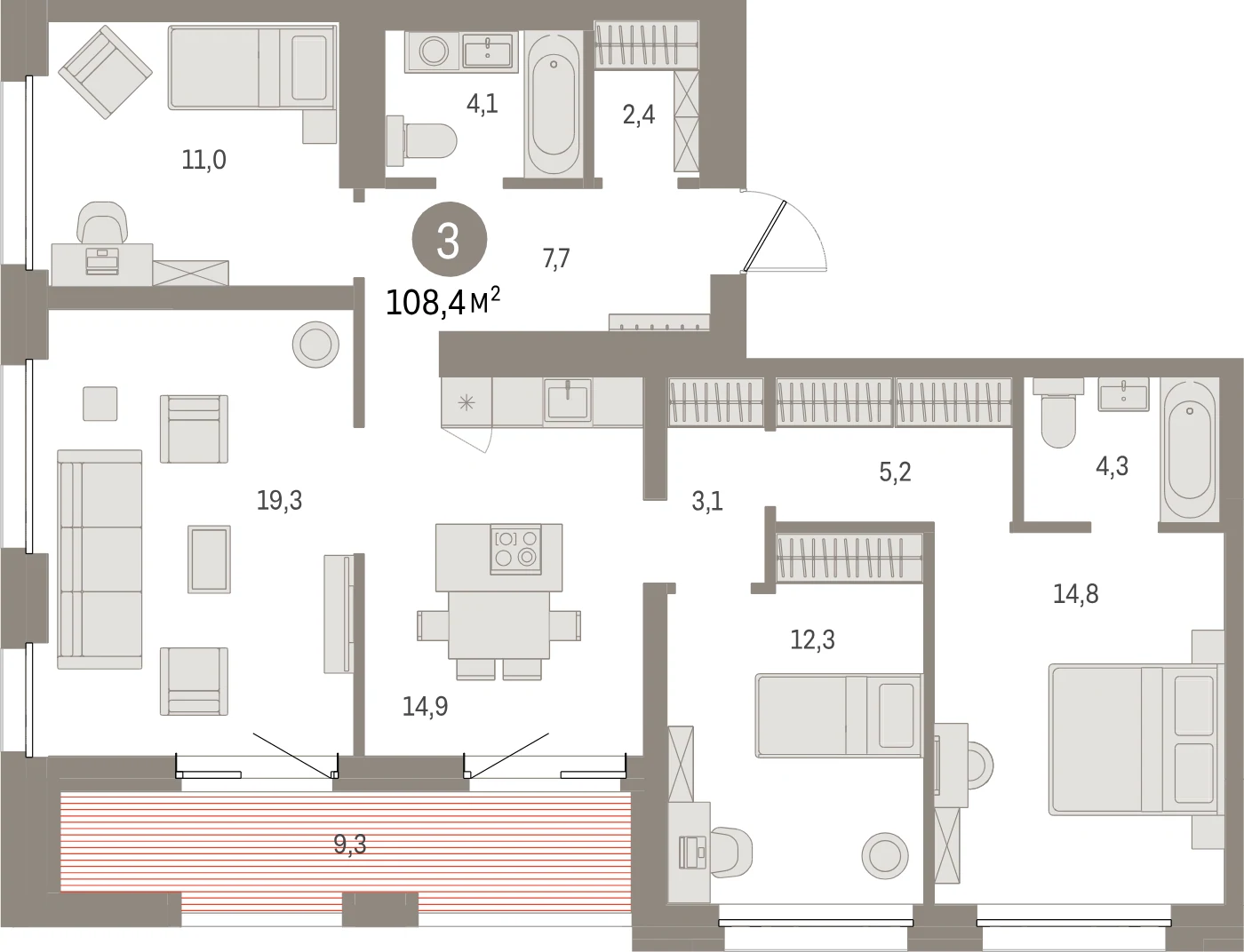 Планировка 4-комнатная 108,4 м² в жилом квартале «Северный ветер» — Жилой квартал «Северный ветер»