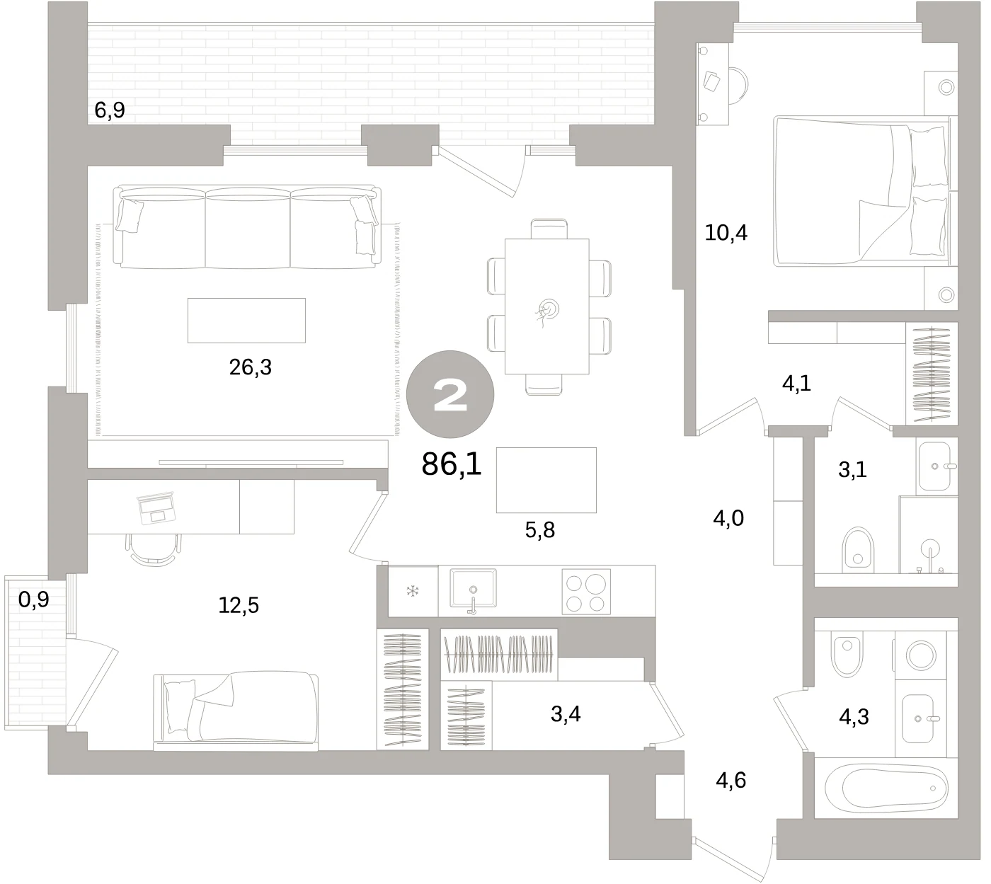 Планировка 3-комнатная 86,1 м² в жилом квартале «Северный ветер» — Жилой квартал «Северный ветер»