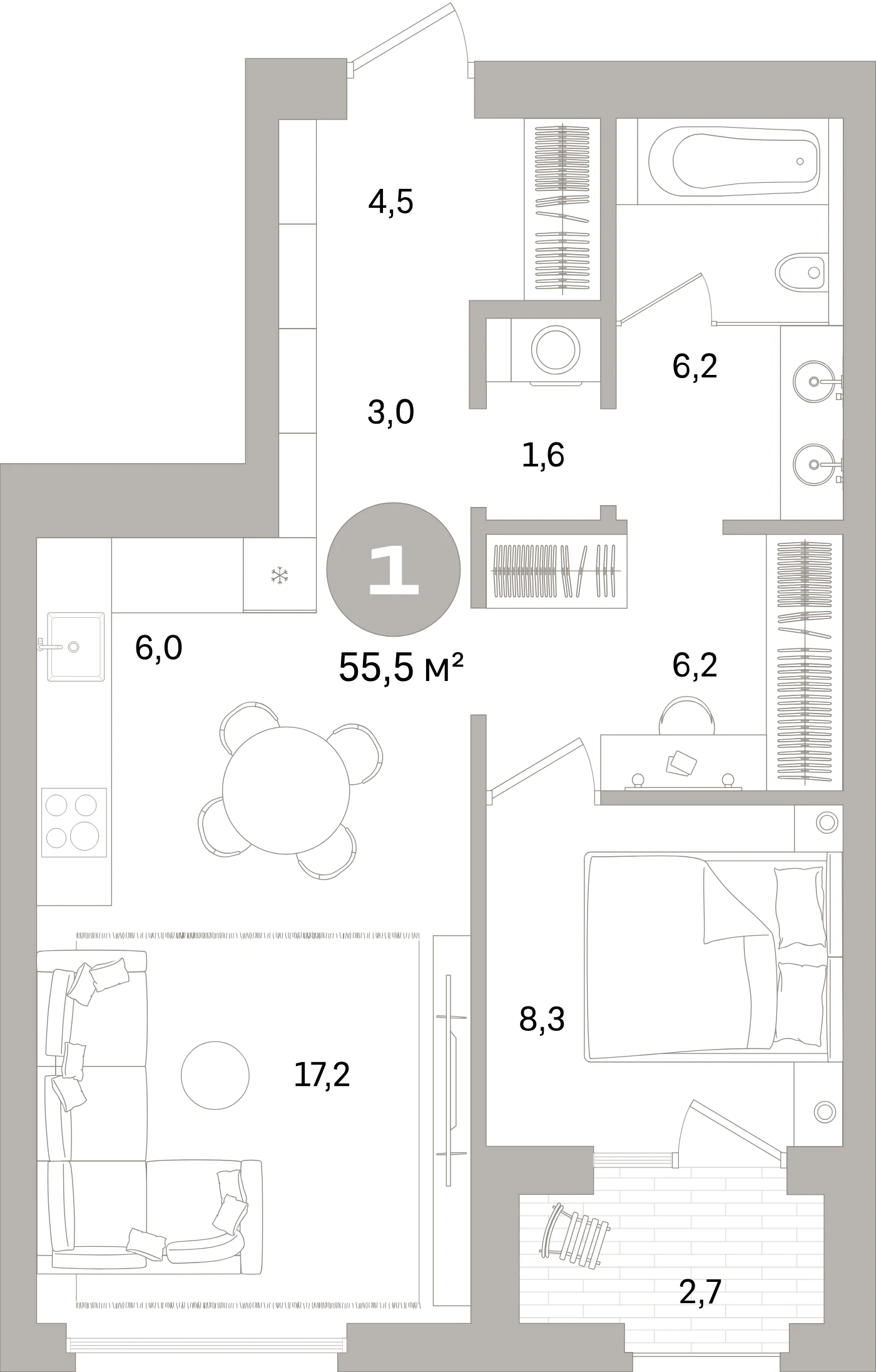 Планировка 2-комнатная 55,5 м² в жилом квартале «Северный ветер» — Жилой квартал «Северный ветер»
