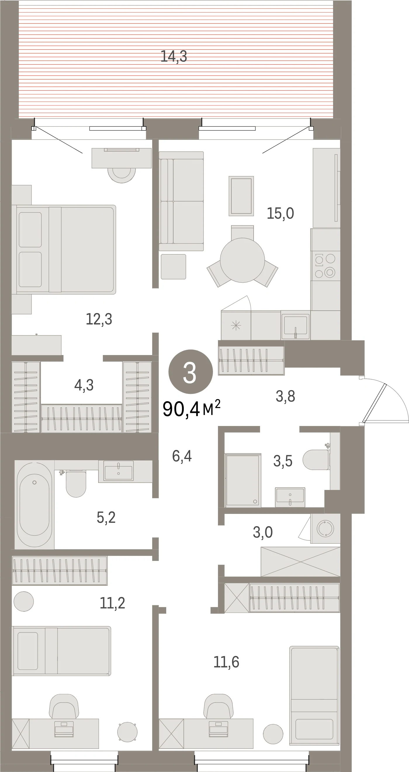 Планировка 4-комнатная 90,4 м² в жилом квартале «Северный ветер» — Жилой квартал «Северный ветер»