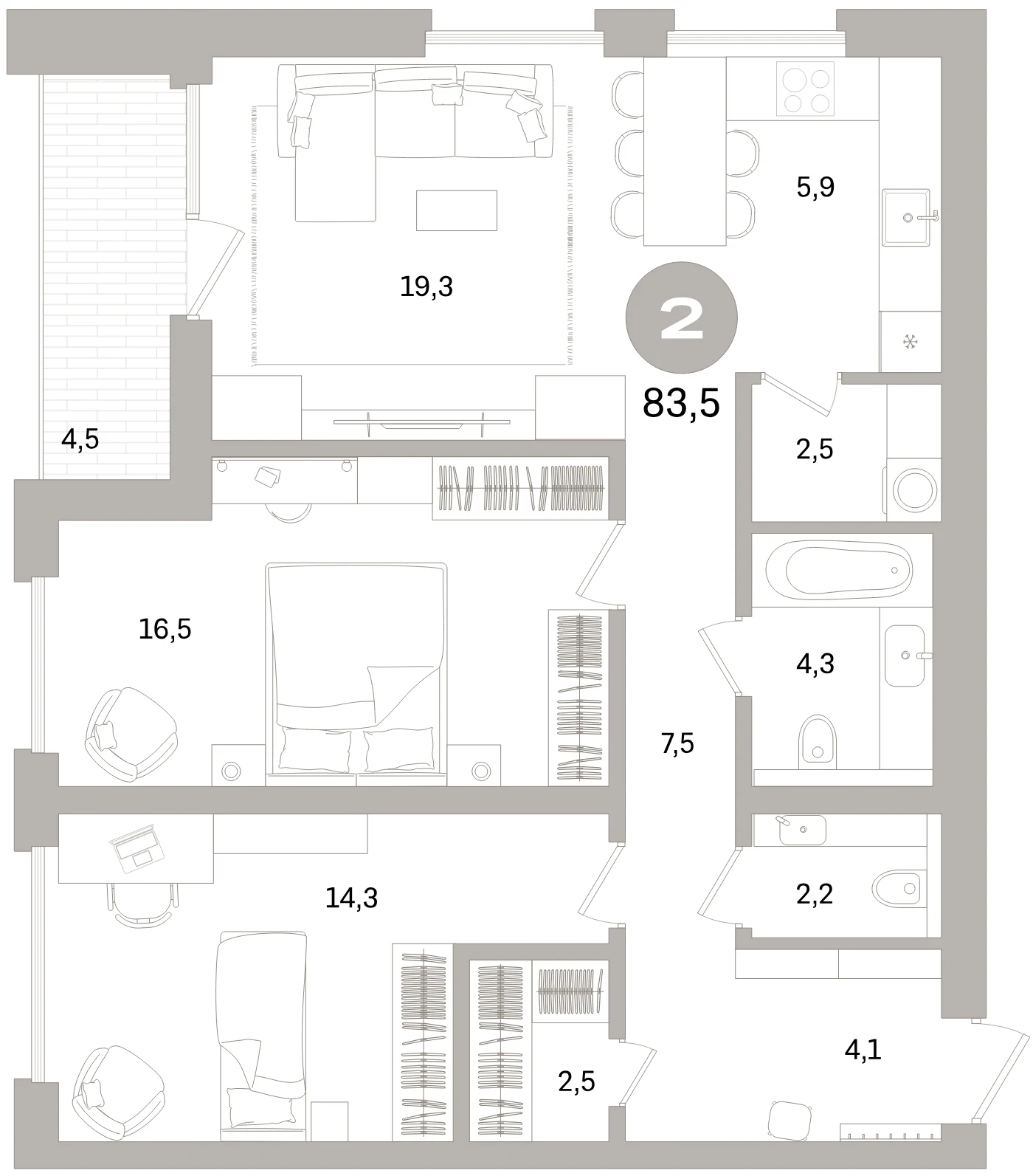 Планировка 3-комнатная 83,5 м² в жилом квартале «Северный ветер» — Жилой квартал «Северный ветер»