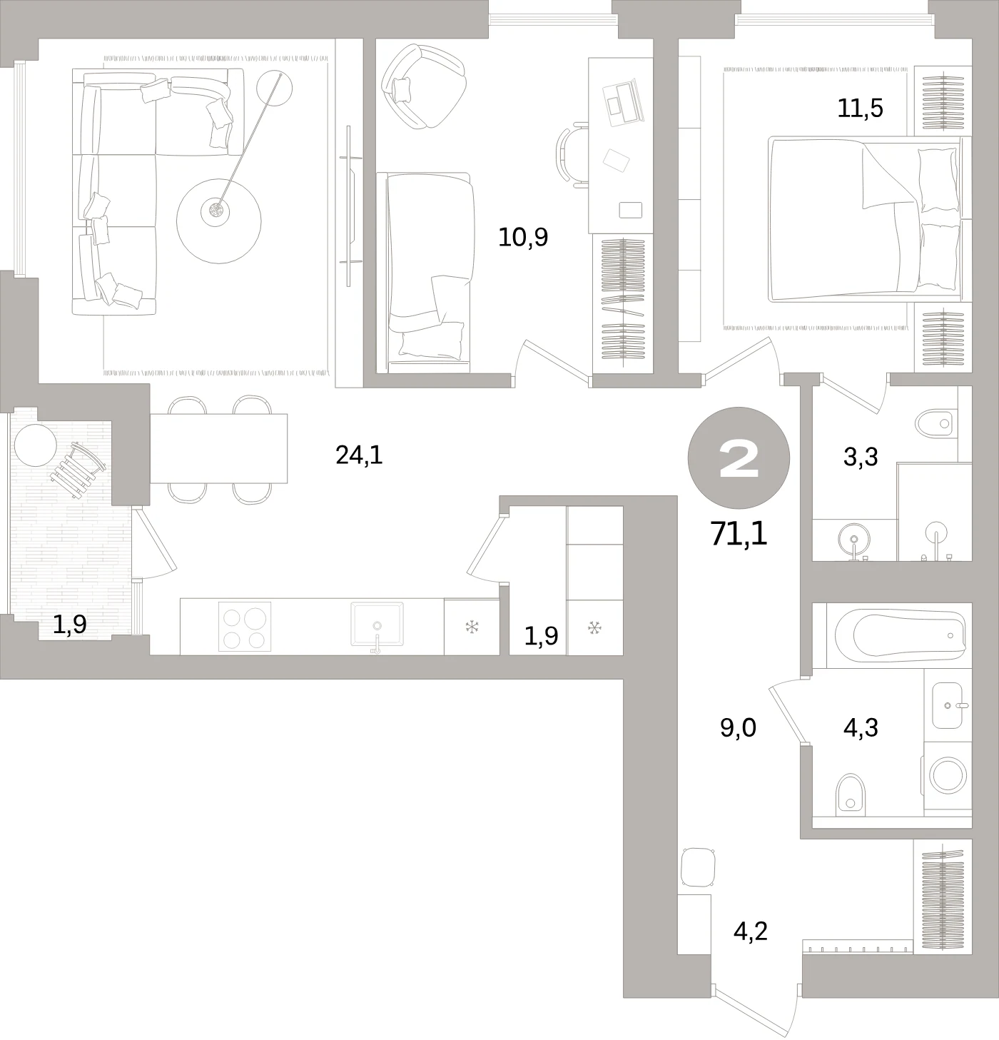 Планировка 3-комнатная 71,1 м² в жилом квартале «Северный ветер» — Жилой квартал «Северный ветер»