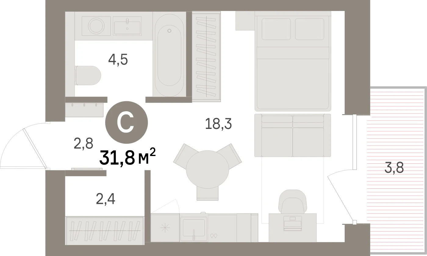 Планировка студия 31,8 м² в жилом квартале «Северный ветер» — Жилой квартал «Северный ветер»