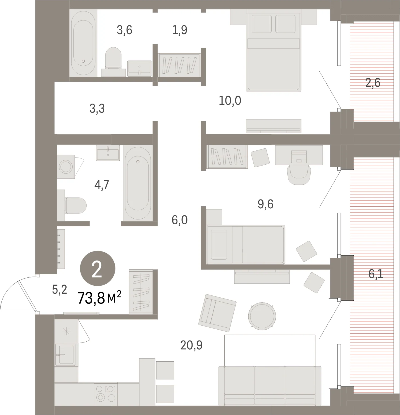 Планировка 3-комнатная 73,8 м² в жилом квартале «Северный ветер» — Жилой квартал «Северный ветер»