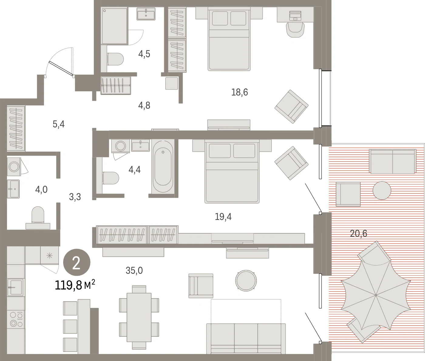 Планировка 3-комнатная 119,8 м² в жилом квартале «Северный ветер» — Жилой квартал «Северный ветер»
