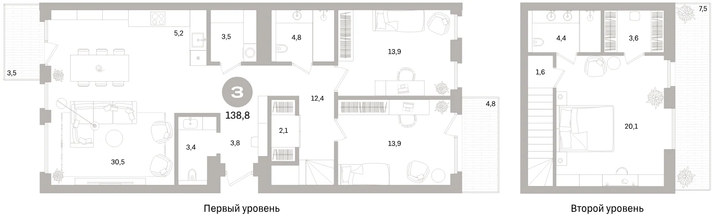 Планировка 4-комнатная 138,8 м² в жилом квартале «Северный ветер» — Жилой квартал «Северный ветер»