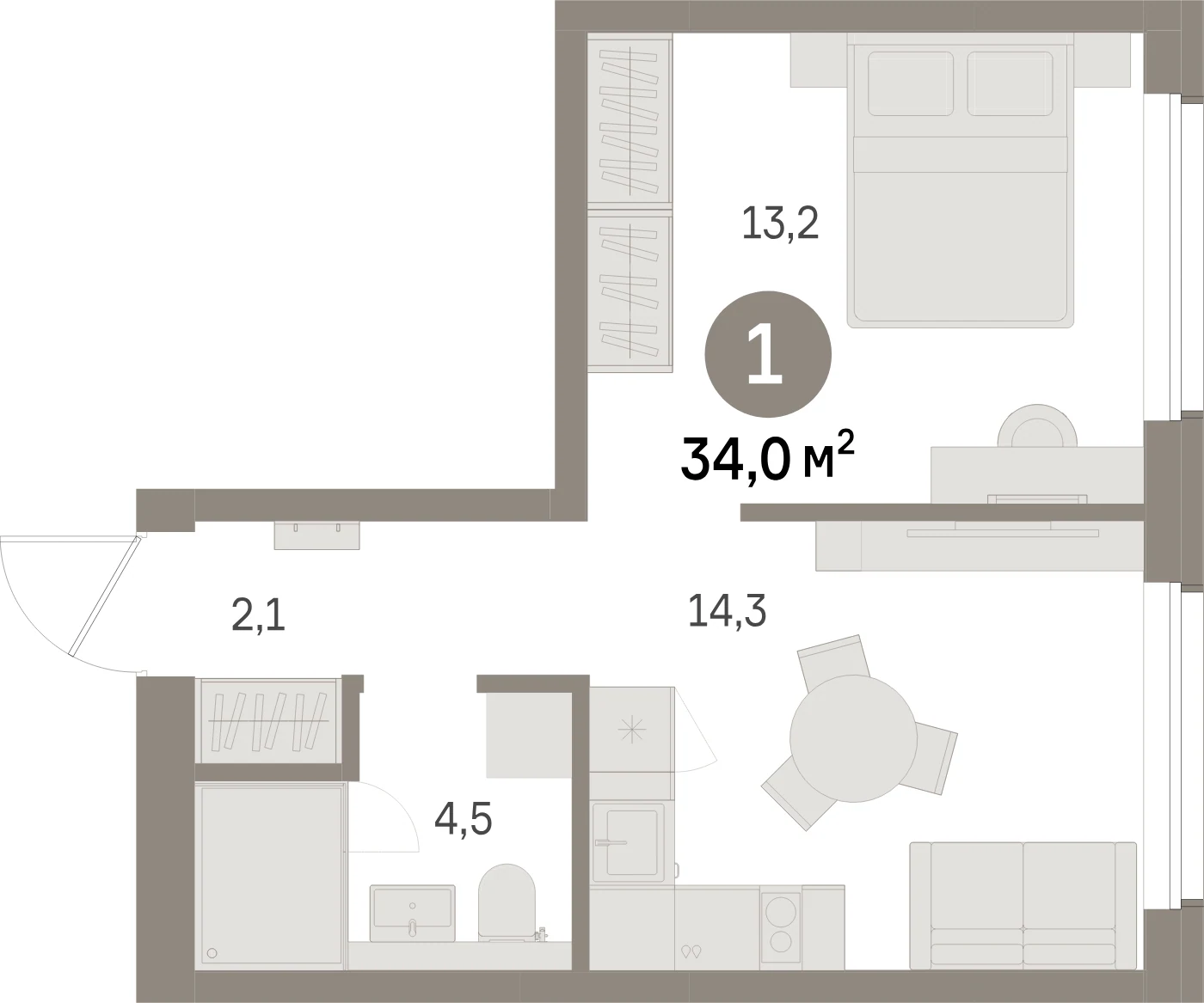 Планировка 2-комнатная 34 м² в жилом квартале «Северный ветер» — Жилой квартал «Северный ветер»