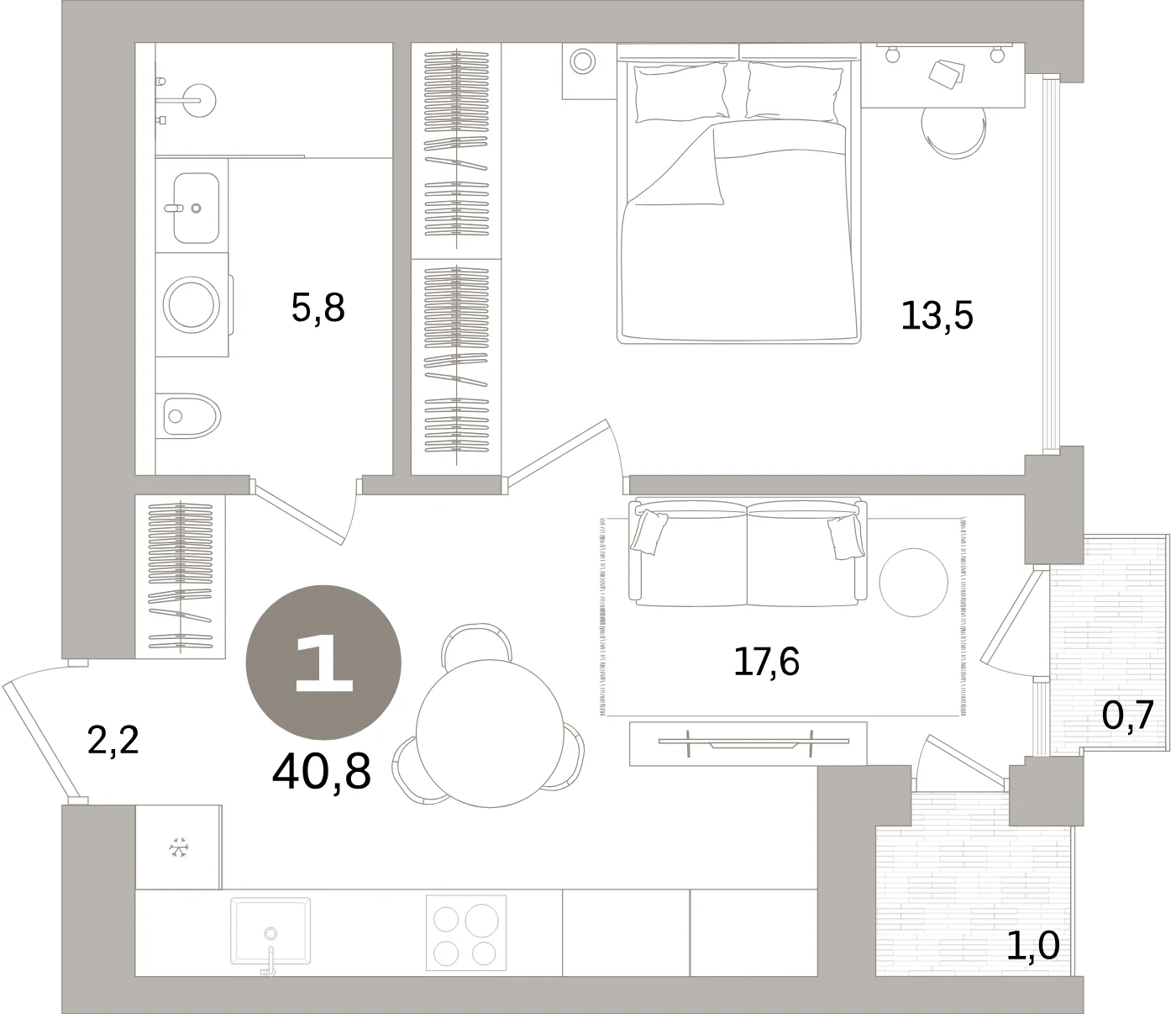 Планировка 2-комнатная 40,8 м² в жилом квартале «Северный ветер» — Жилой квартал «Северный ветер»