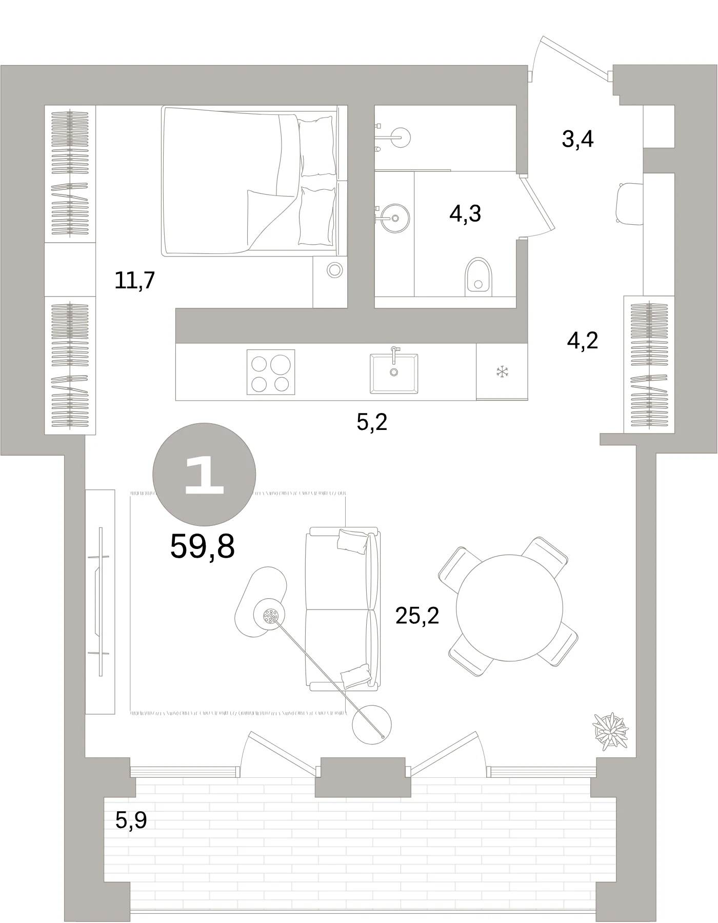 Планировка 2-комнатная 59,8 м² в жилом квартале «Северный ветер» — Жилой квартал «Северный ветер»