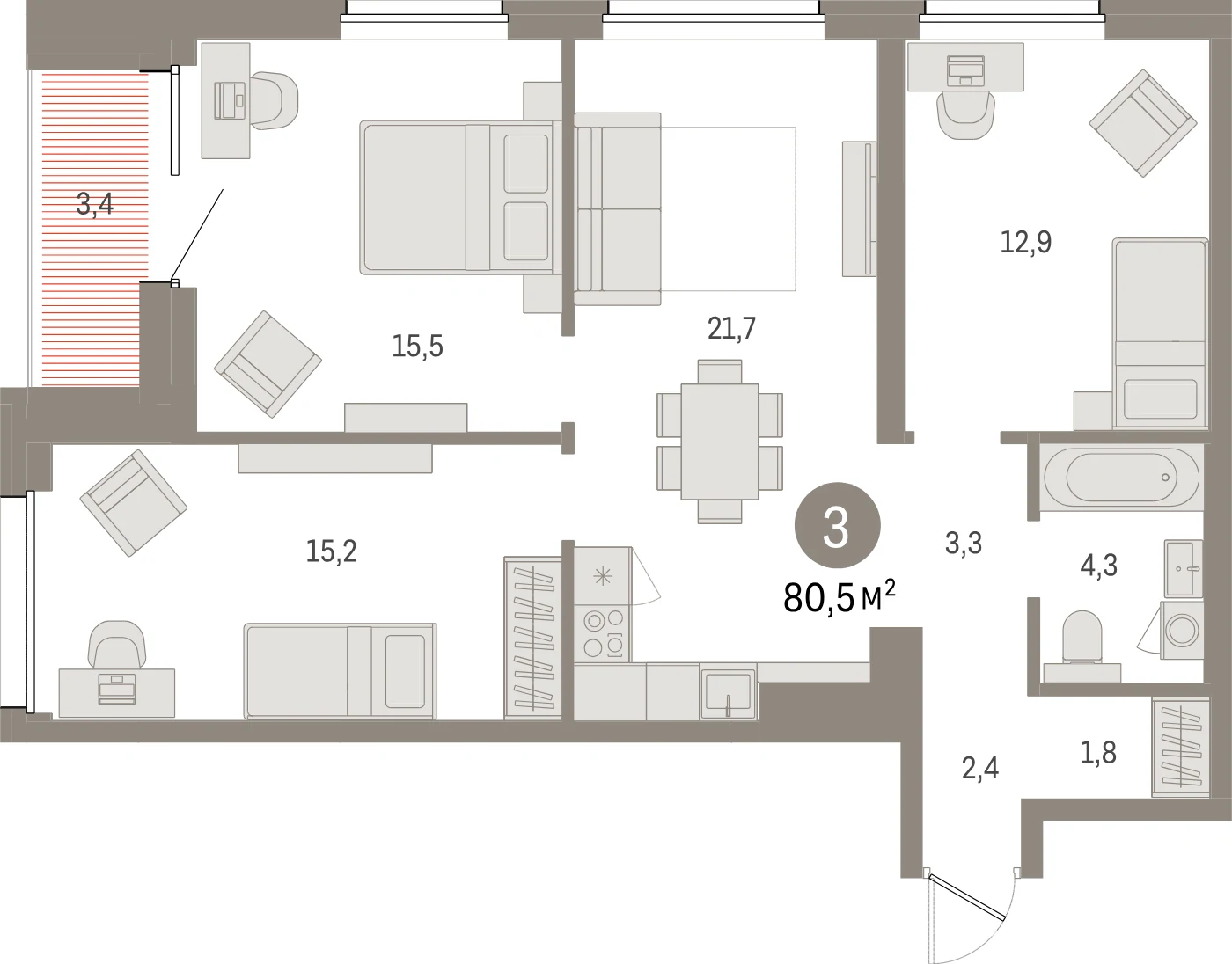Планировка 4-комнатная 80,5 м² в жилом квартале «Северный ветер» — Жилой квартал «Северный ветер»
