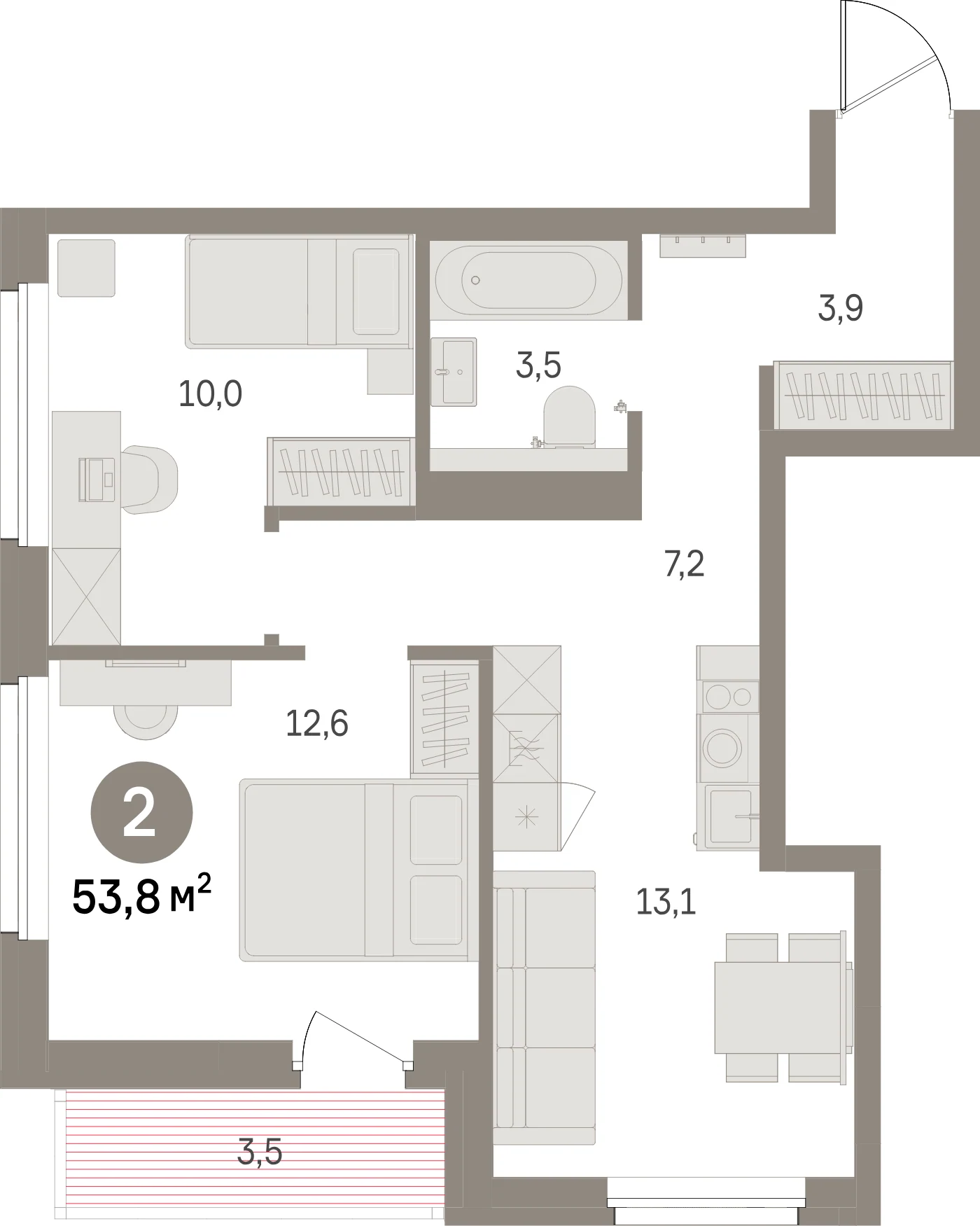 Планировка 3-комнатная 53,8 м² в жилом квартале «Северный ветер» — Жилой квартал «Северный ветер»