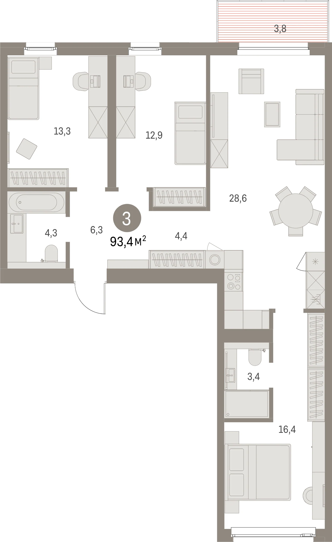 Планировка 4-комнатная 93,4 м² в жилом квартале «Северный ветер» — Жилой квартал «Северный ветер»