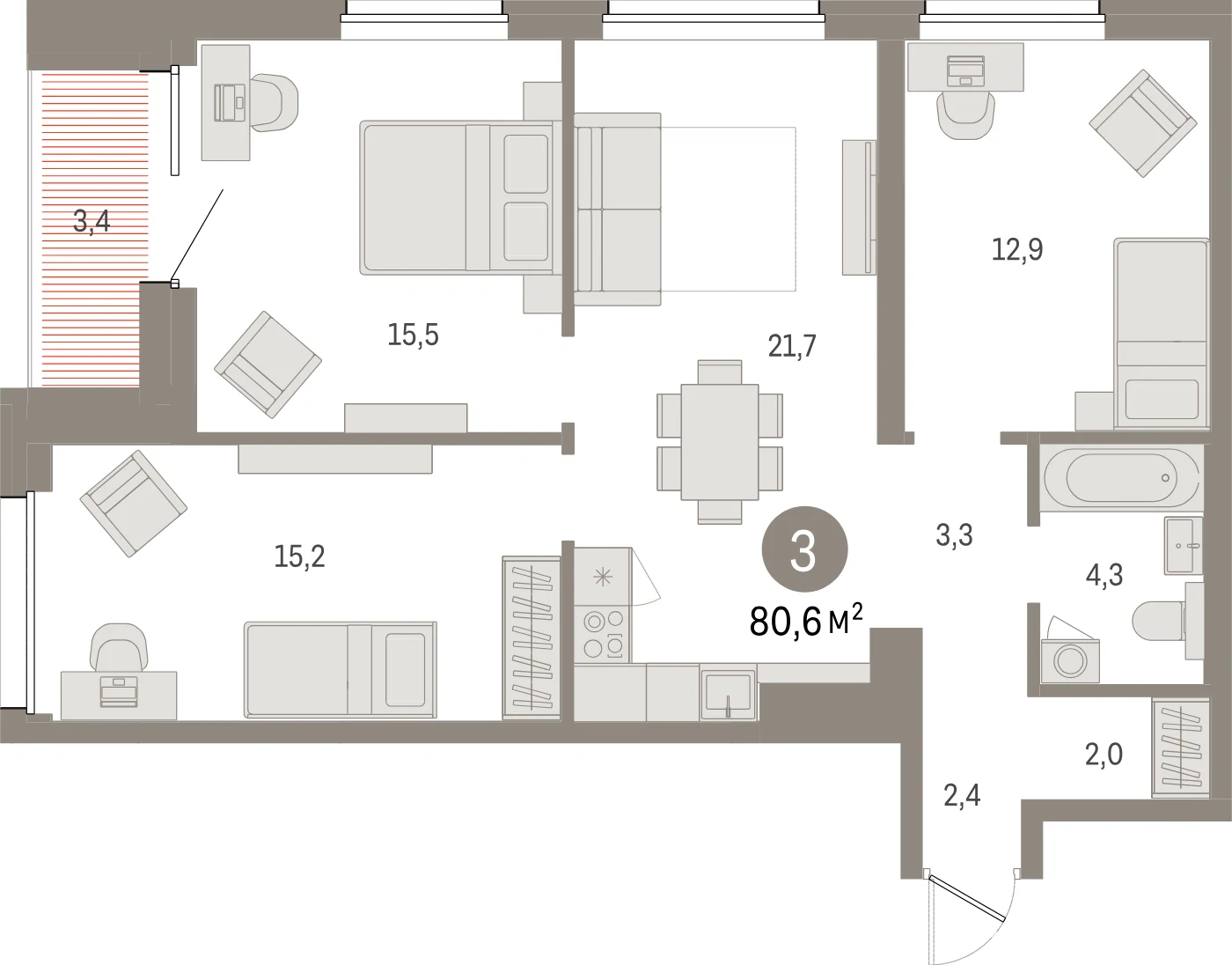 Планировка 4-комнатная 80,6 м² в жилом квартале «Северный ветер» — Жилой квартал «Северный ветер»