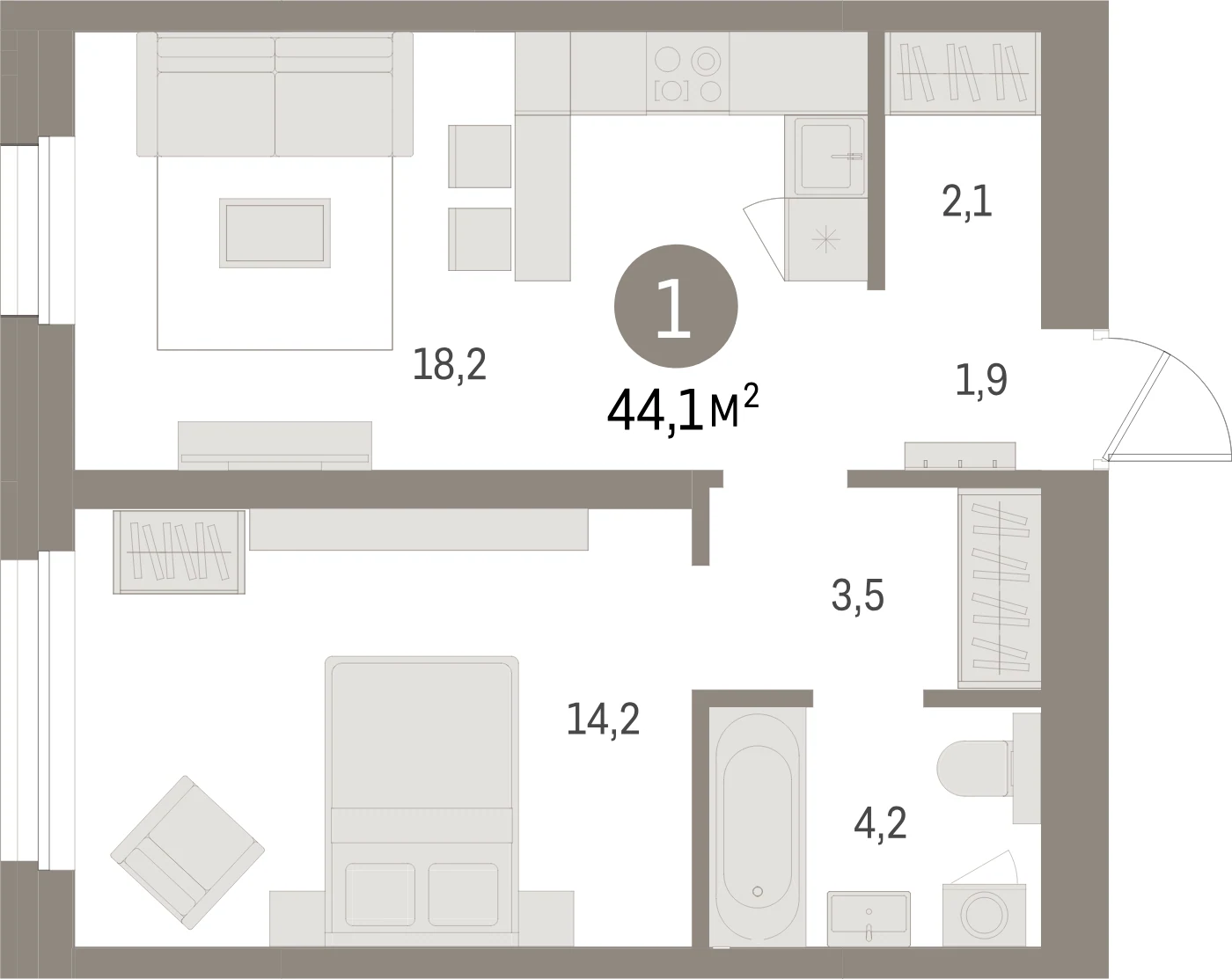 Планировка 2-комнатная 44,1 м² в жилом квартале «Северный ветер» — Жилой квартал «Северный ветер»
