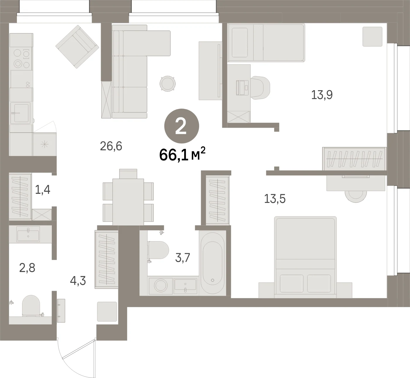 Планировка 3-комнатная 66,1 м² в жилом квартале «Северный ветер» — Жилой квартал «Северный ветер»