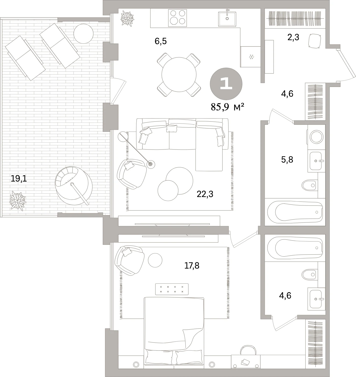 Планировка 2-комнатная 85,9 м² в жилом квартале «Северный ветер» — Жилой квартал «Северный ветер»