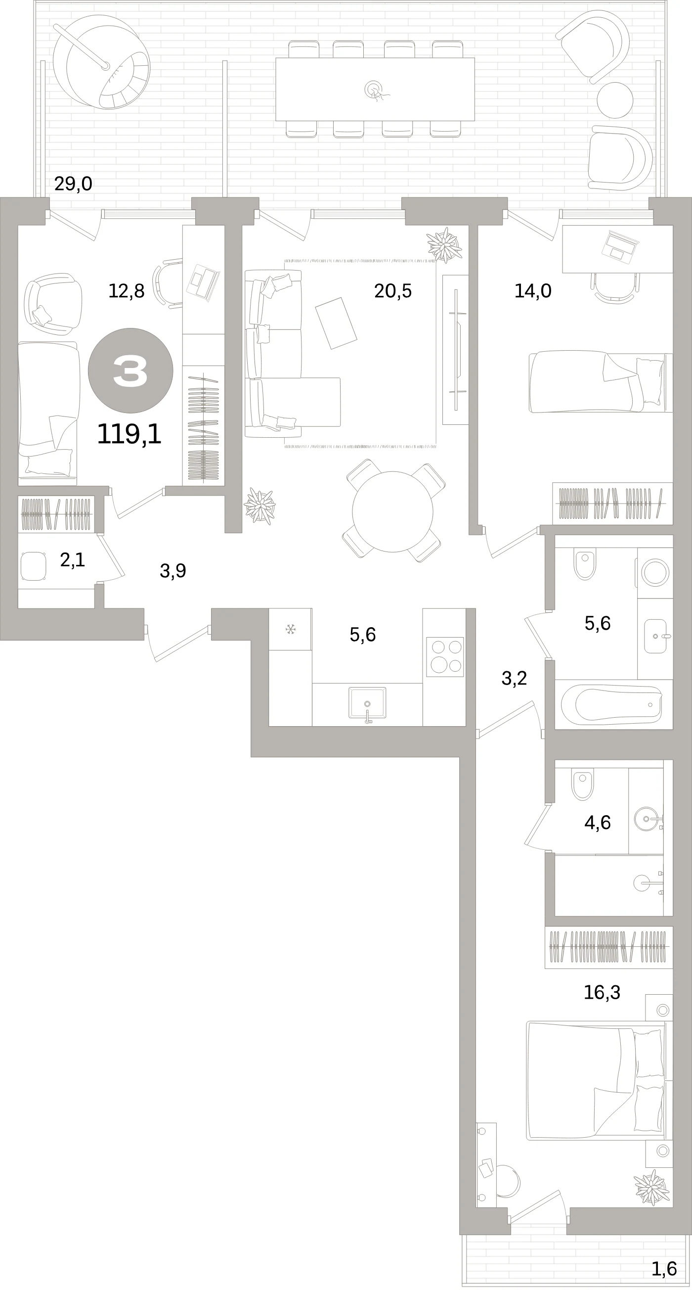 Планировка 4-комнатная 119,1 м² в жилом квартале «Северный ветер» — Жилой квартал «Северный ветер»