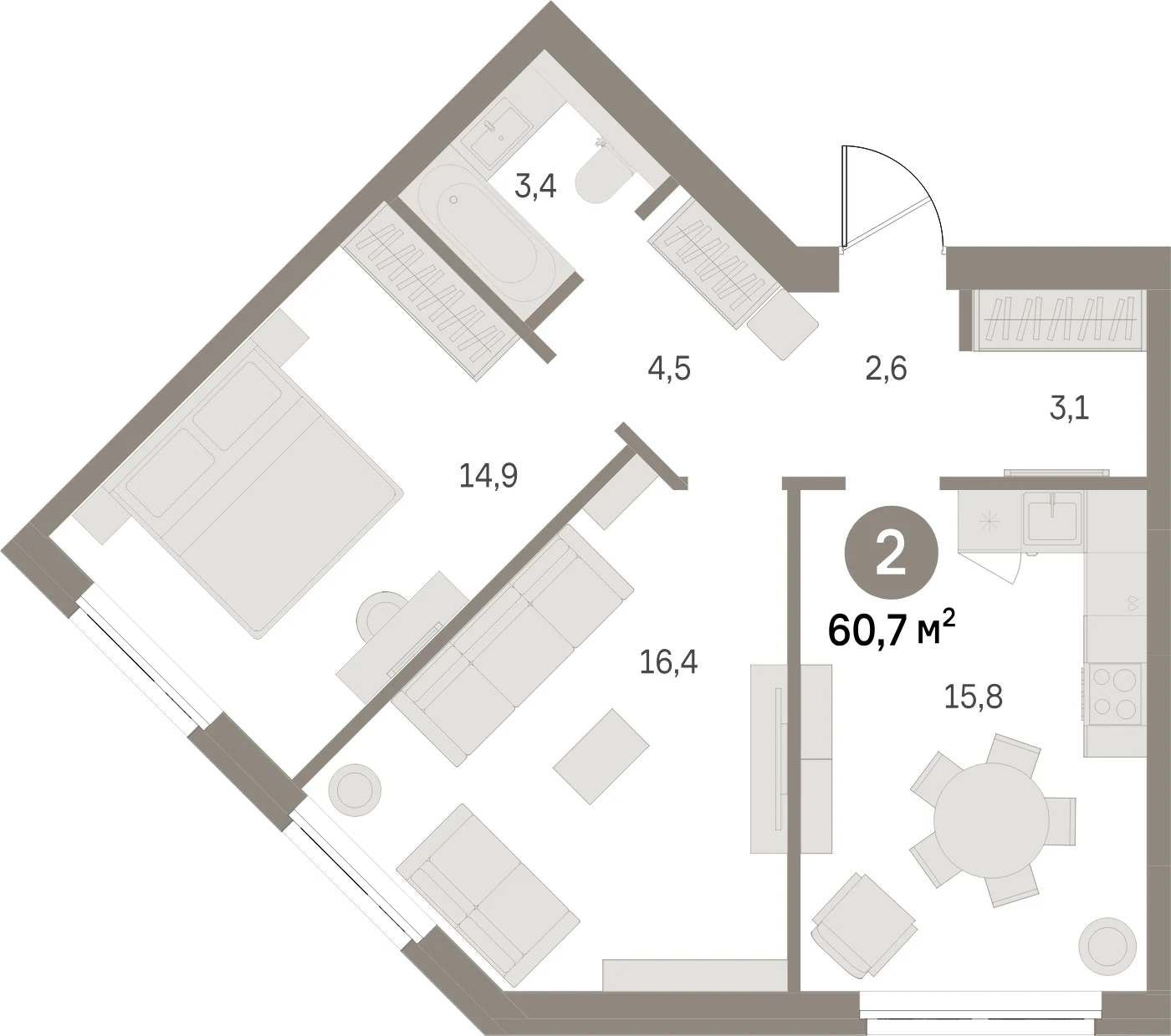 Планировка 2-комнатная 60,7 м² в жилом квартале «Северный ветер» — Жилой квартал «Северный ветер»