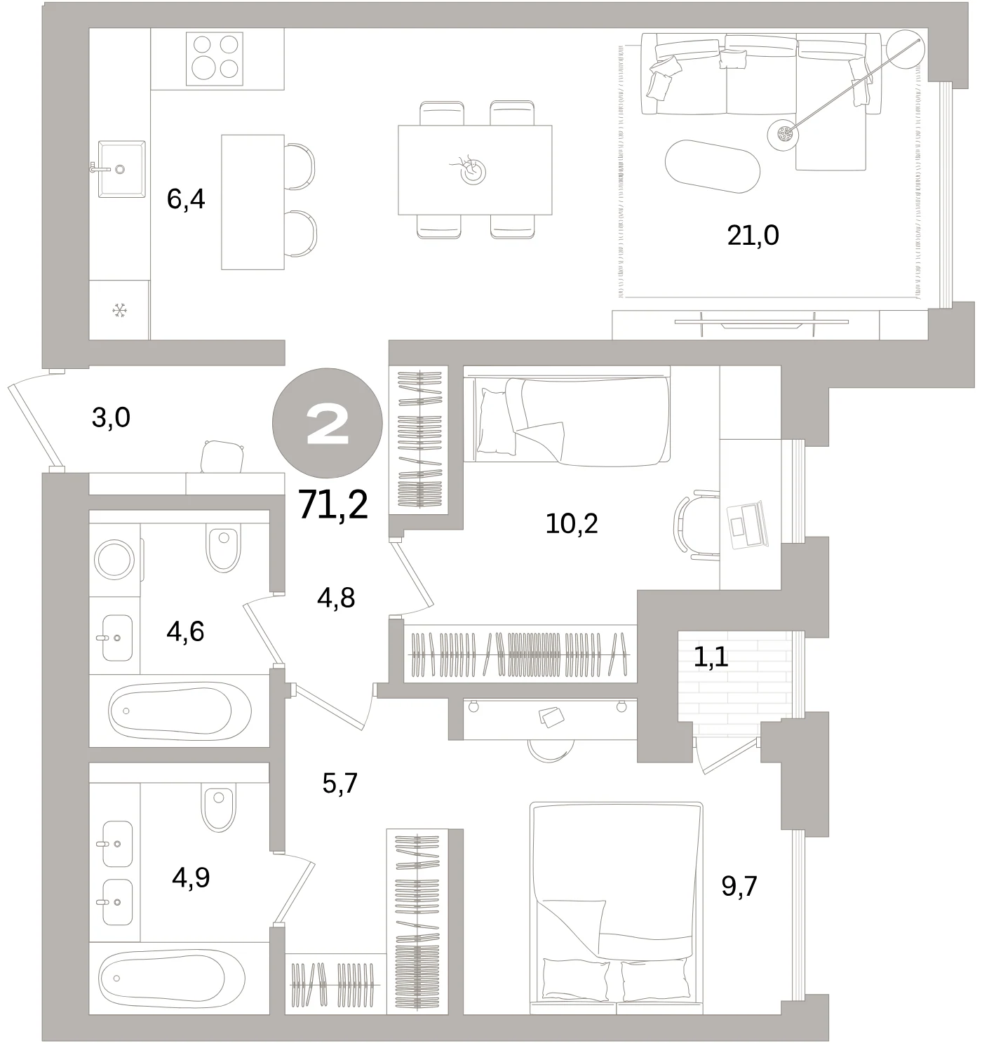 Планировка 3-комнатная 71,2 м² в жилом квартале «Северный ветер» — Жилой квартал «Северный ветер»