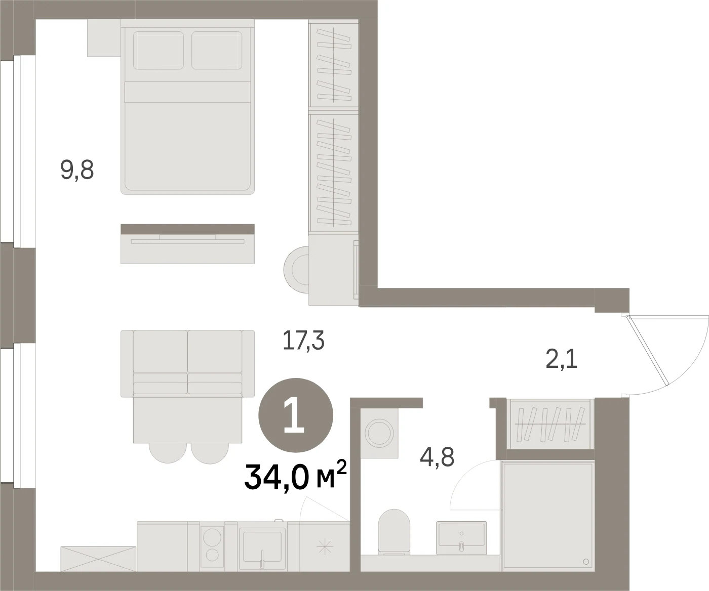 Планировка 2-комнатная 34 м² в жилом квартале «Северный ветер» — Жилой квартал «Северный ветер»