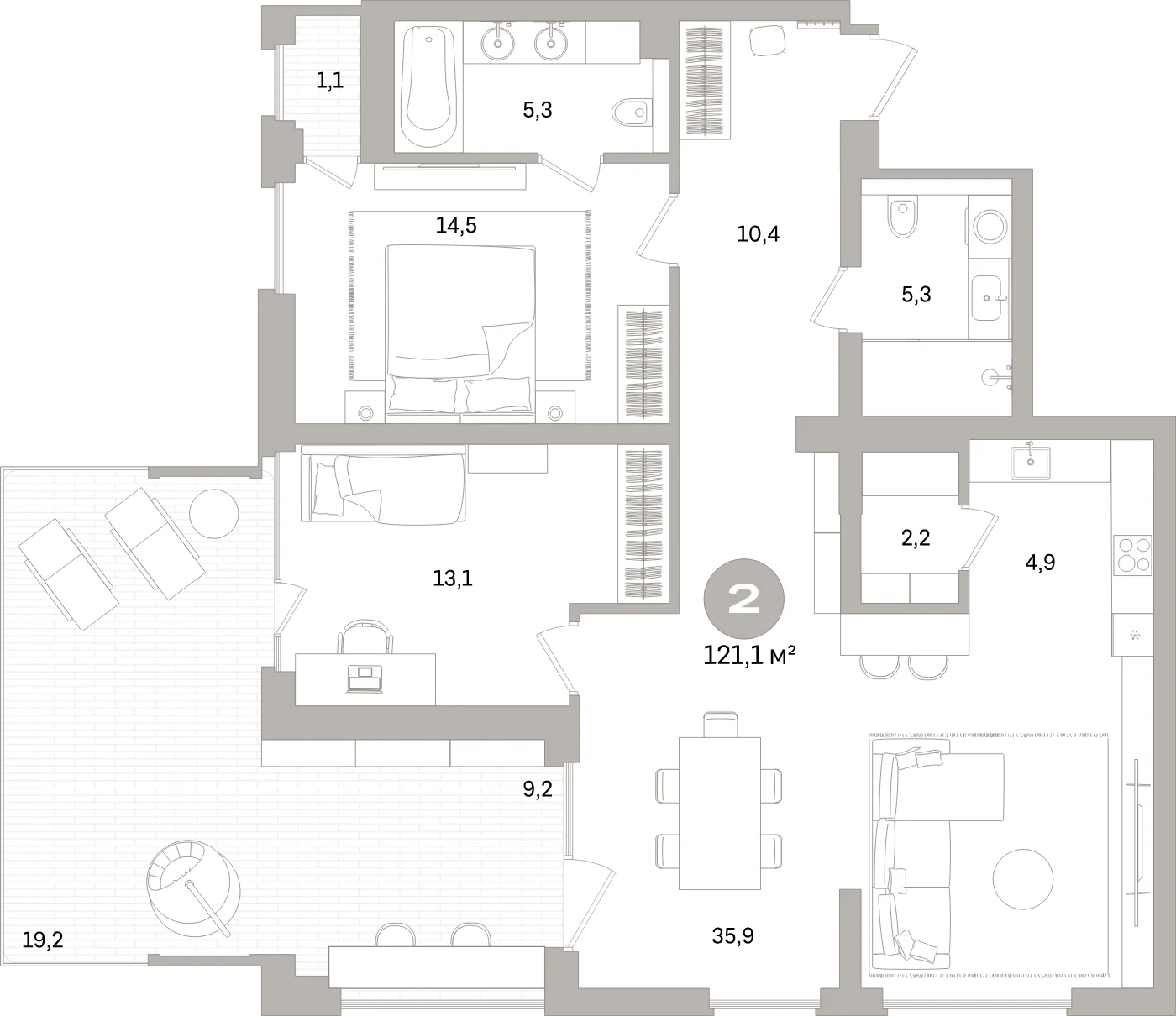 Планировка 3-комнатная 121,1 м² в жилом квартале «Северный ветер» — Жилой квартал «Северный ветер»