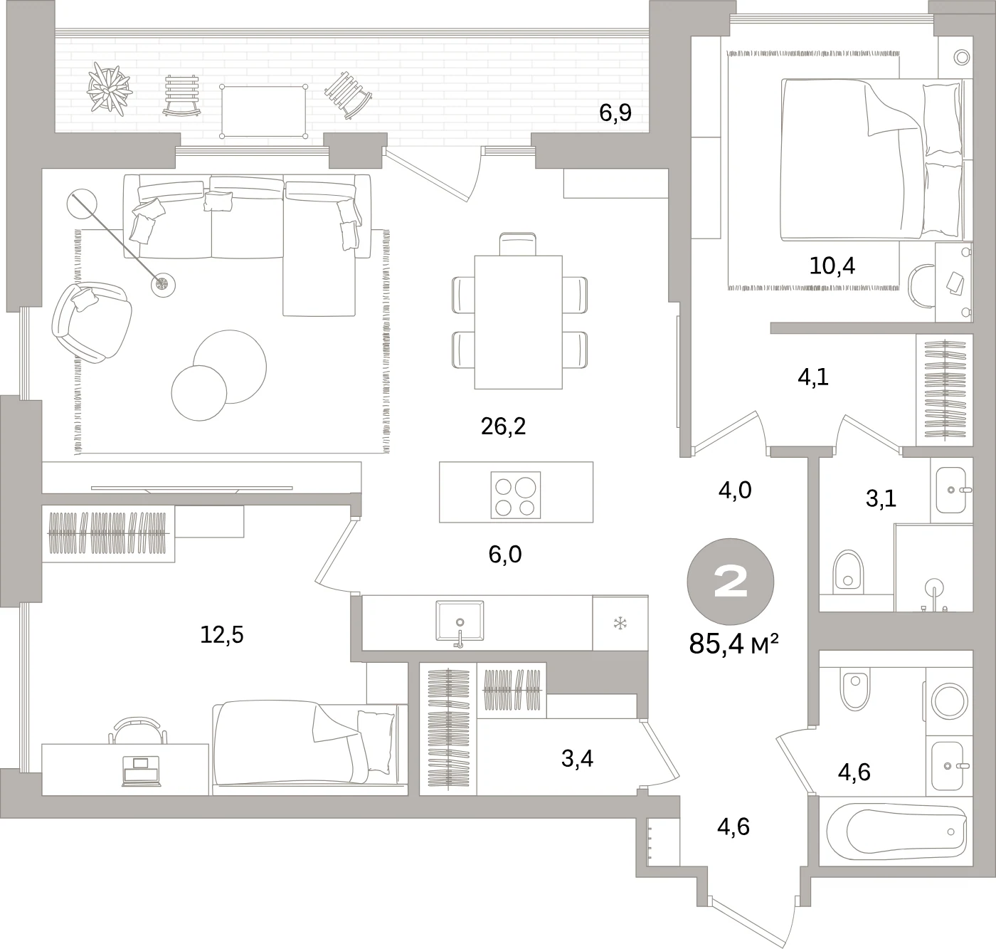Планировка 3-комнатная 85,4 м² в жилом квартале «Северный ветер» — Жилой квартал «Северный ветер»