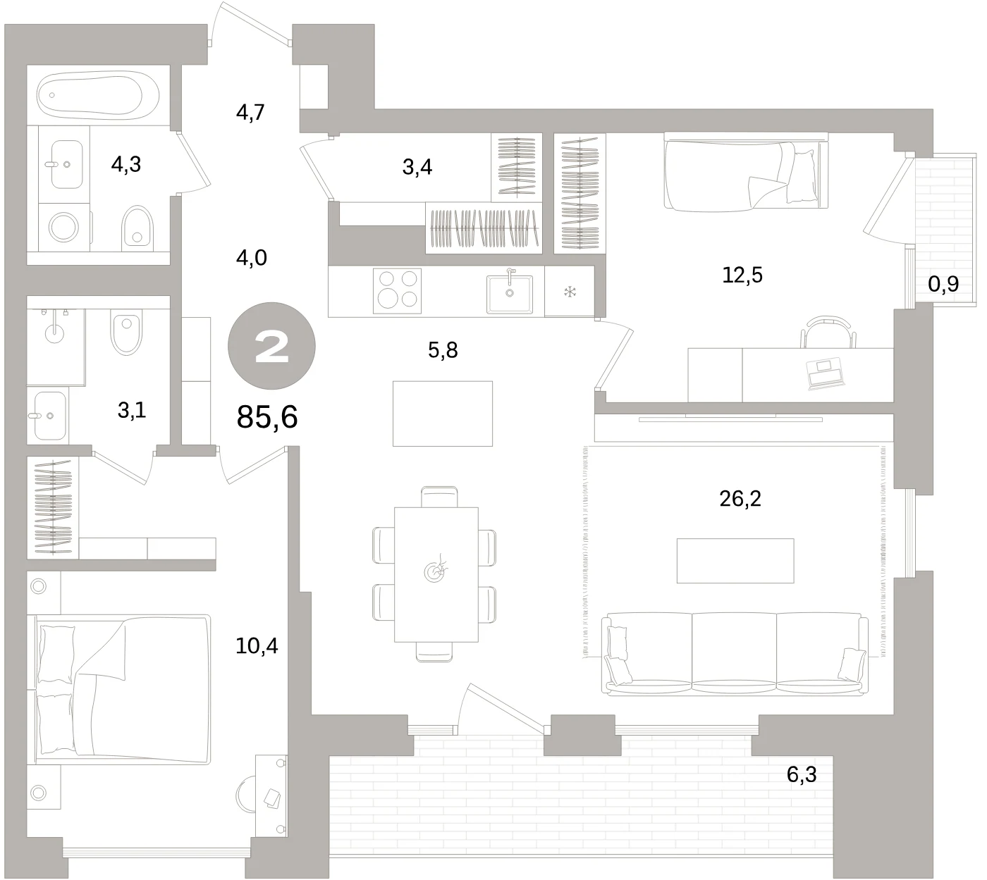 Планировка 3-комнатная 85,6 м² в жилом квартале «Северный ветер» — Жилой квартал «Северный ветер»