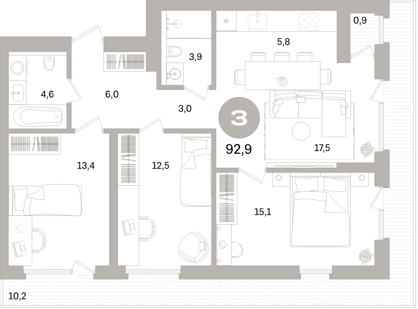 Планировка 4-комнатная 92,9 м² в жилом квартале «Северный ветер» — Жилой квартал «Северный ветер»