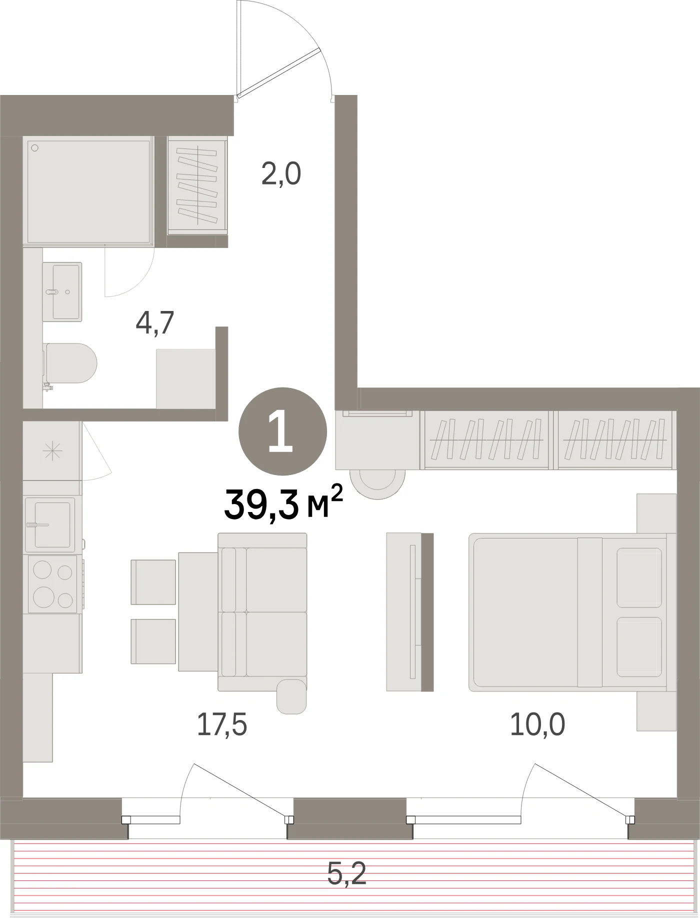 Планировка 2-комнатная 39,3 м² в жилом квартале «Северный ветер» — Жилой квартал «Северный ветер»