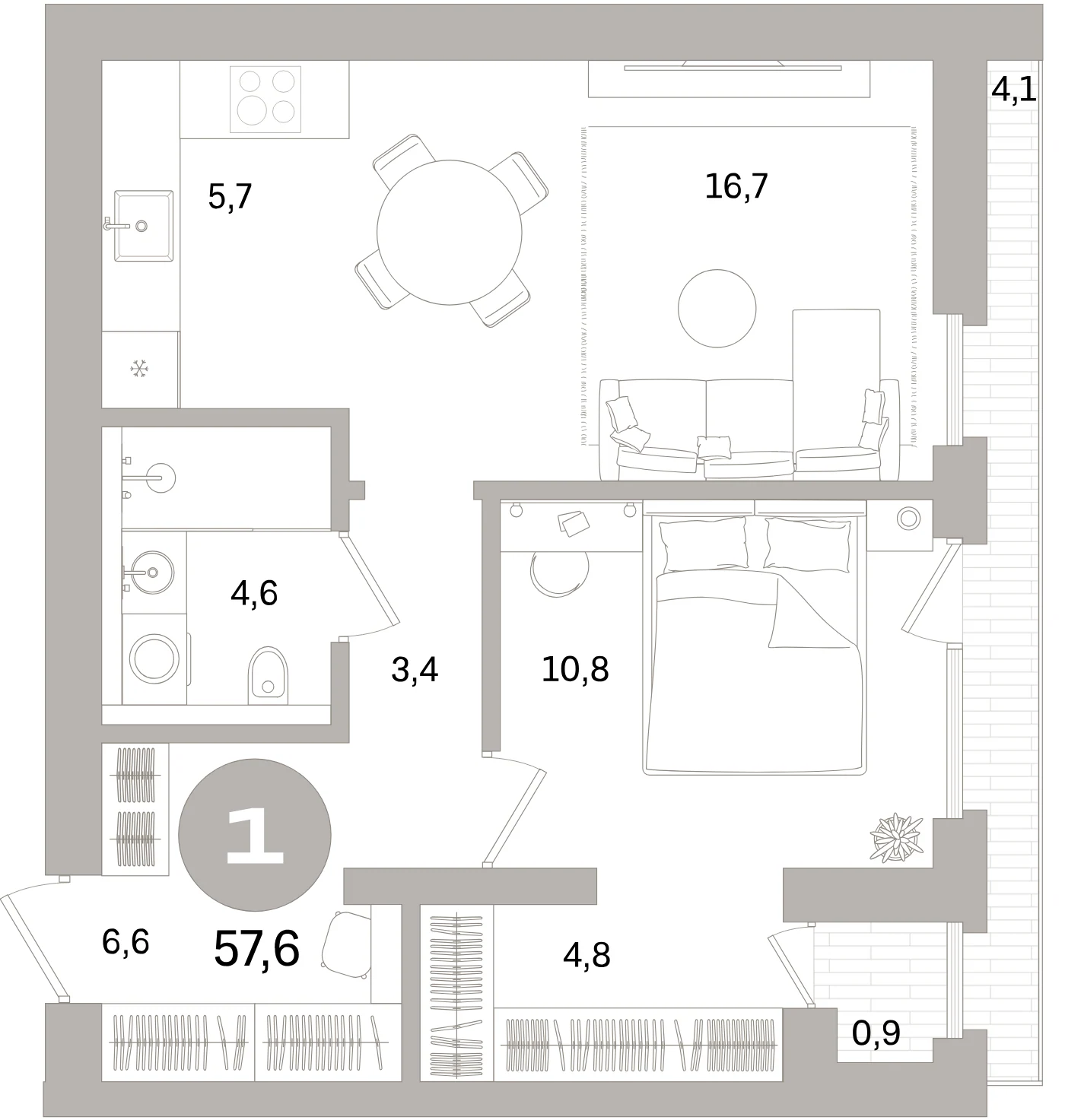 Планировка 2-комнатная 57,6 м² в жилом квартале «Северный ветер» — Жилой квартал «Северный ветер»