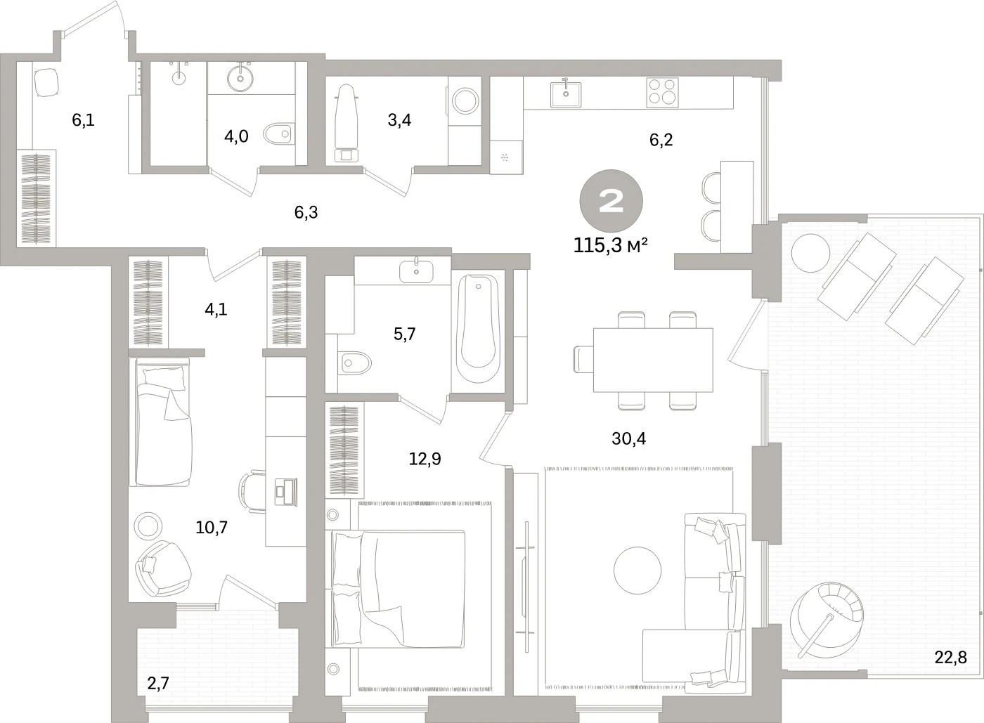 Планировка 3-комнатная 115,3 м² в жилом квартале «Северный ветер» — Жилой квартал «Северный ветер»