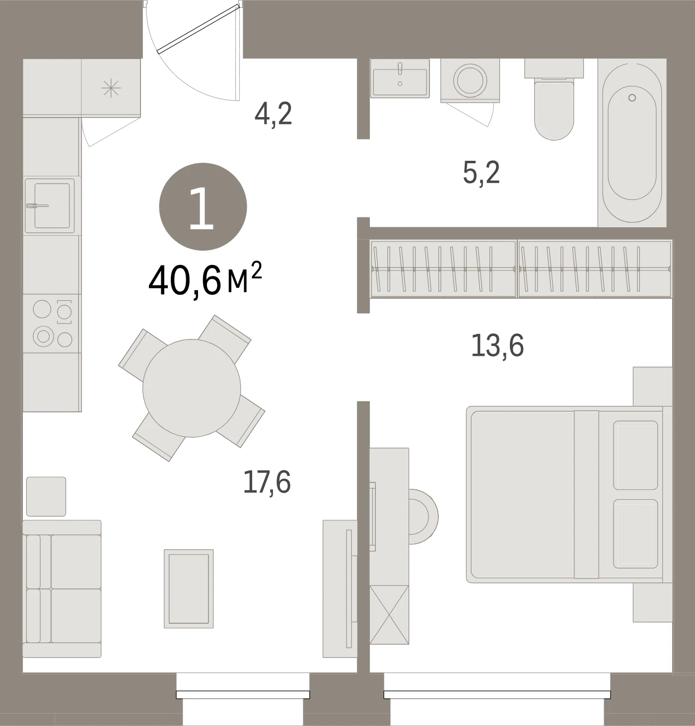 Планировка 2-комнатная 40,6 м² в жилом квартале «Северный ветер» — Жилой квартал «Северный ветер»