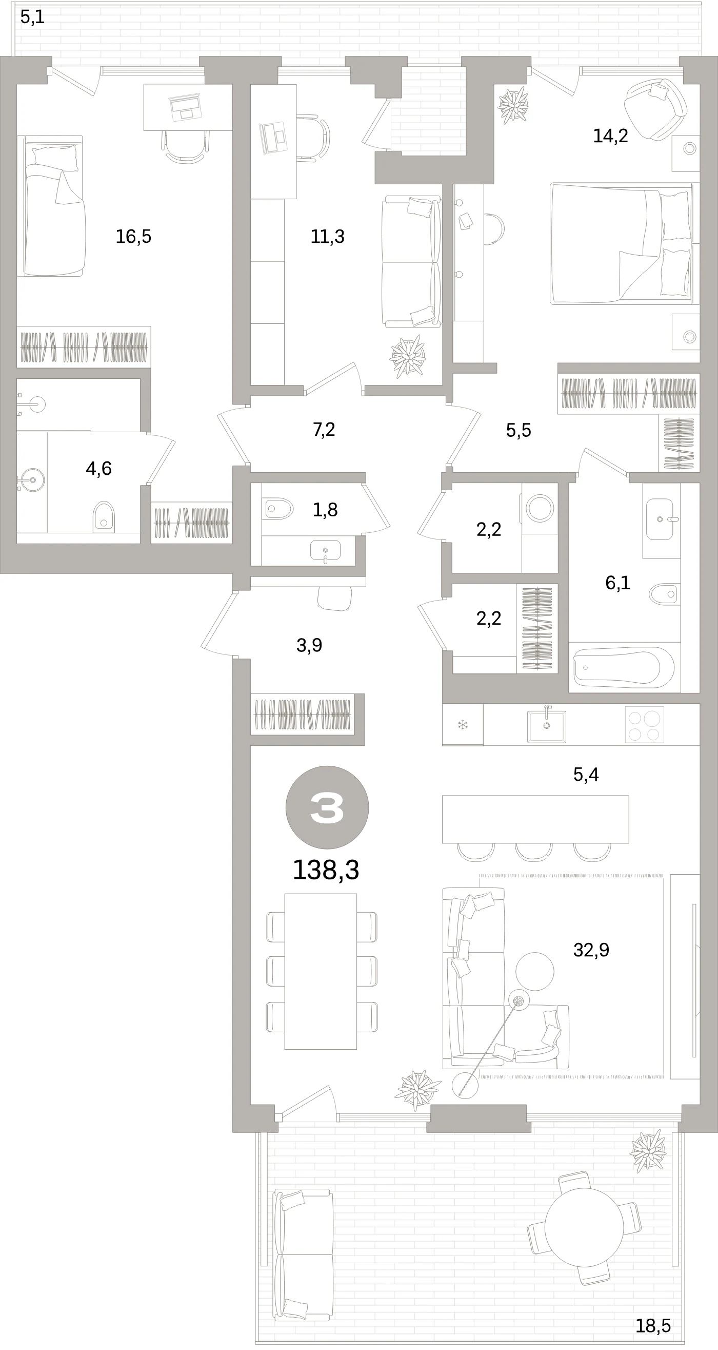 Планировка 4-комнатная 138,3 м² в жилом квартале «Северный ветер» — Жилой квартал «Северный ветер»