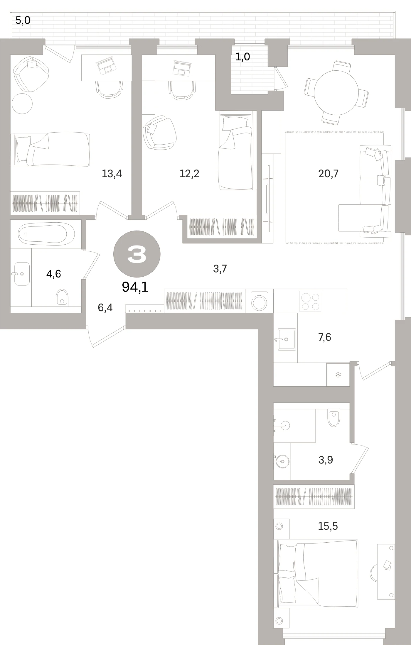 Планировка 4-комнатная 94,1 м² в жилом квартале «Северный ветер» — Жилой квартал «Северный ветер»