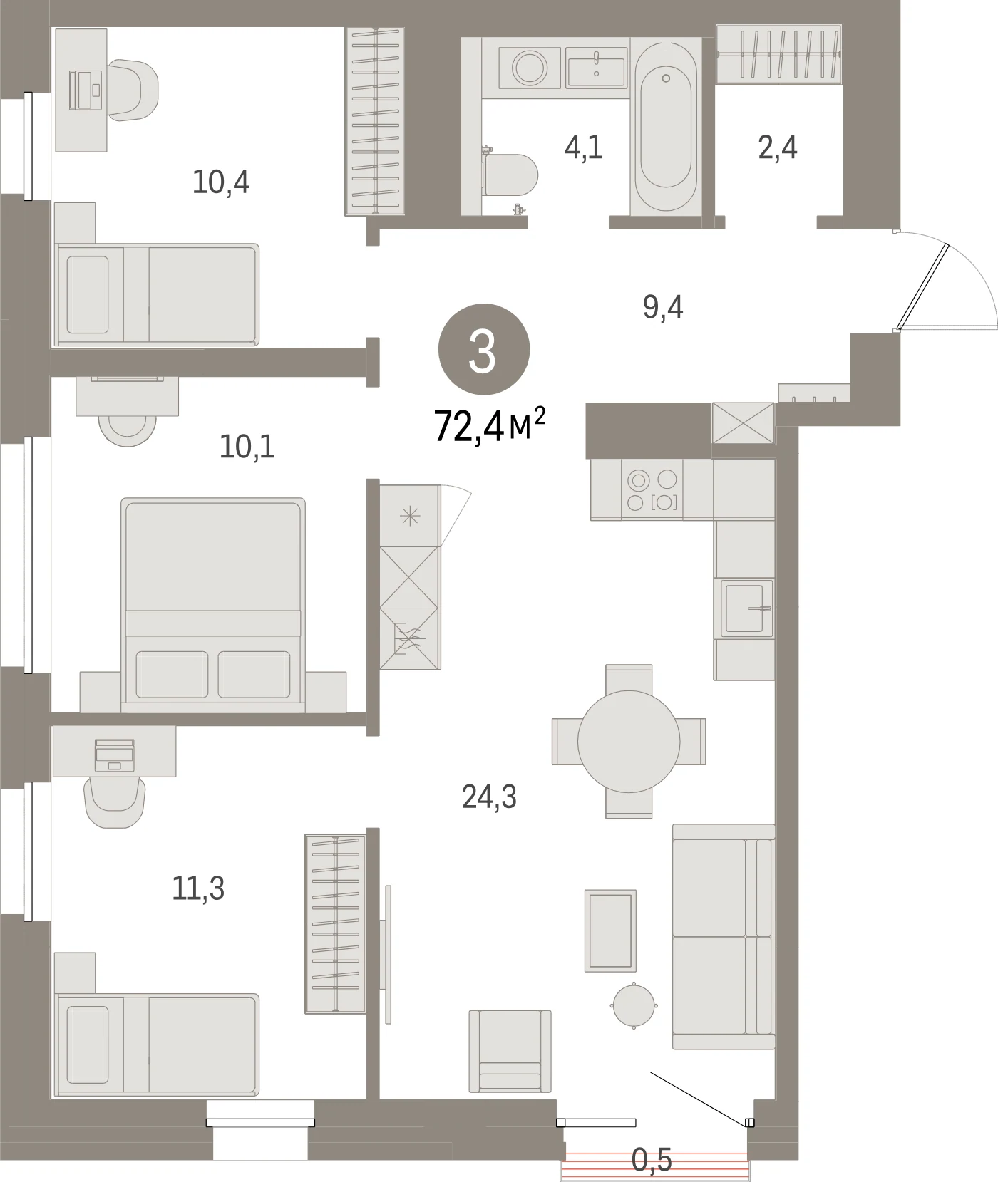 Планировка 4-комнатная 72,4 м² в жилом квартале «Северный ветер» — Жилой квартал «Северный ветер»