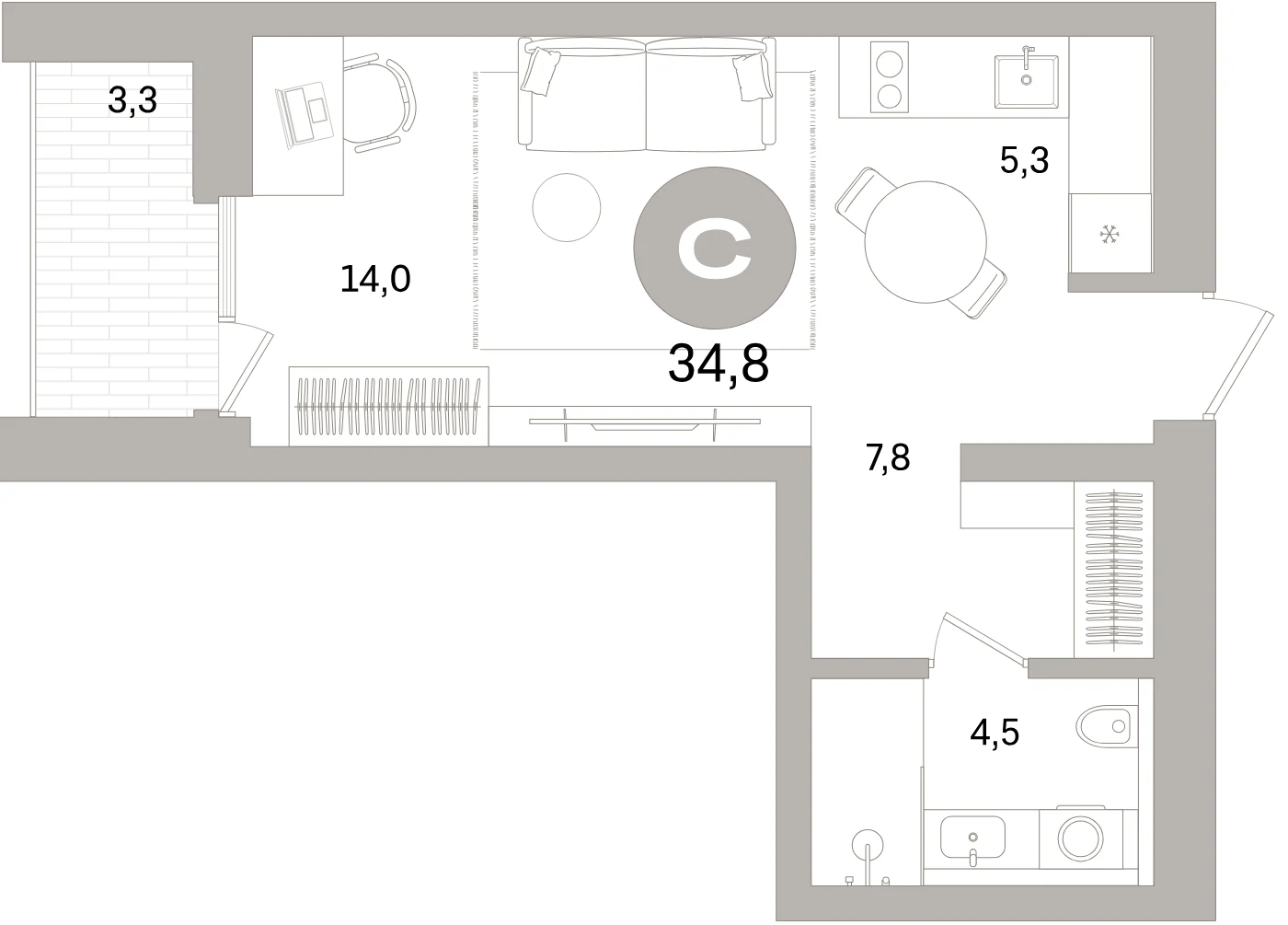 Планировка студия 34,8 м² в жилом квартале «Северный ветер» — Жилой квартал «Северный ветер»