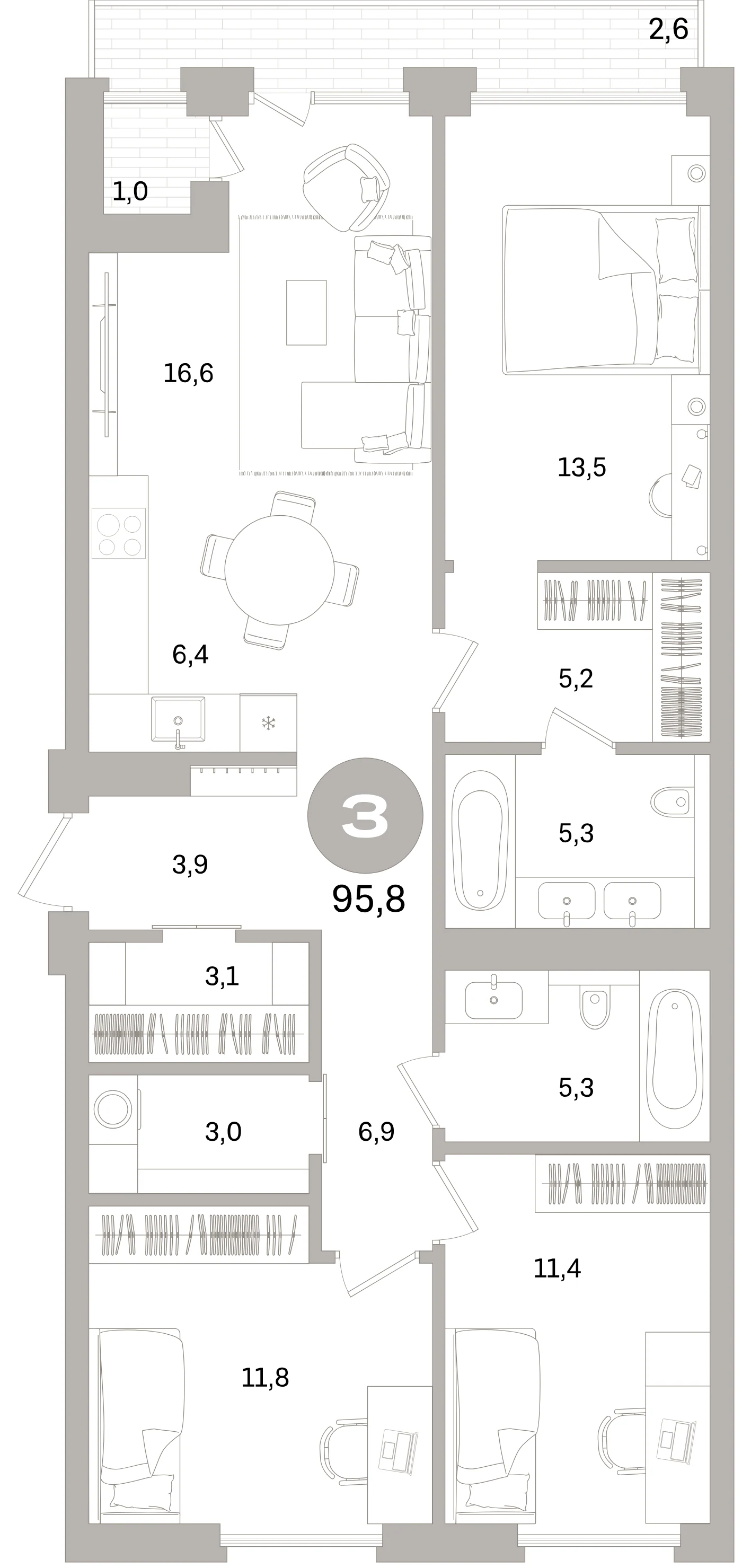 Планировка 4-комнатная 95,8 м² в жилом квартале «Северный ветер» — Жилой квартал «Северный ветер»
