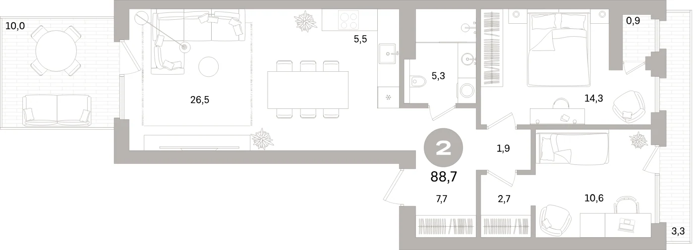 Планировка 3-комнатная 88,7 м² в жилом квартале «Северный ветер» — Жилой квартал «Северный ветер»