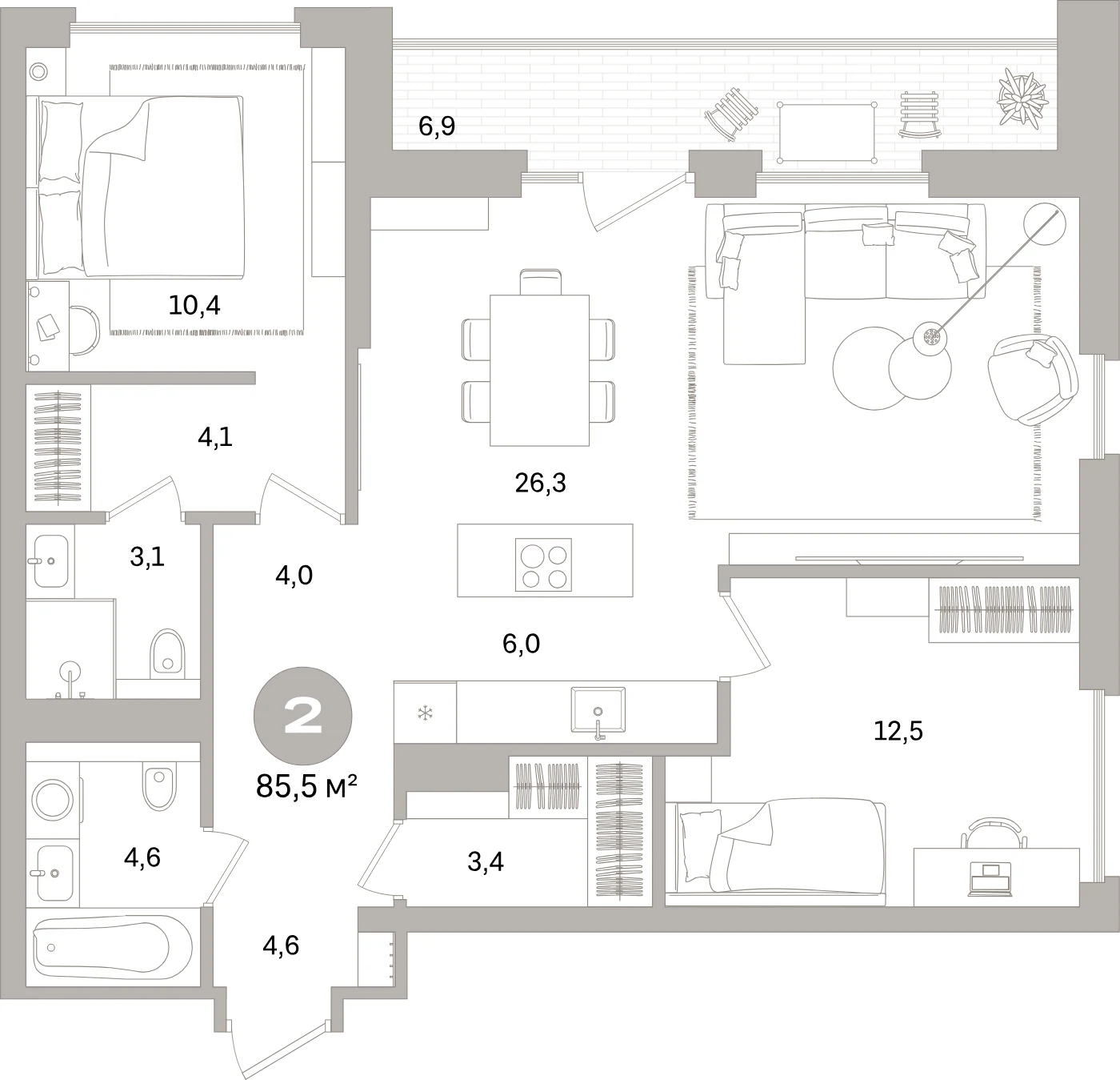 Планировка 3-комнатная 85,5 м² в жилом квартале «Северный ветер» — Жилой квартал «Северный ветер»
