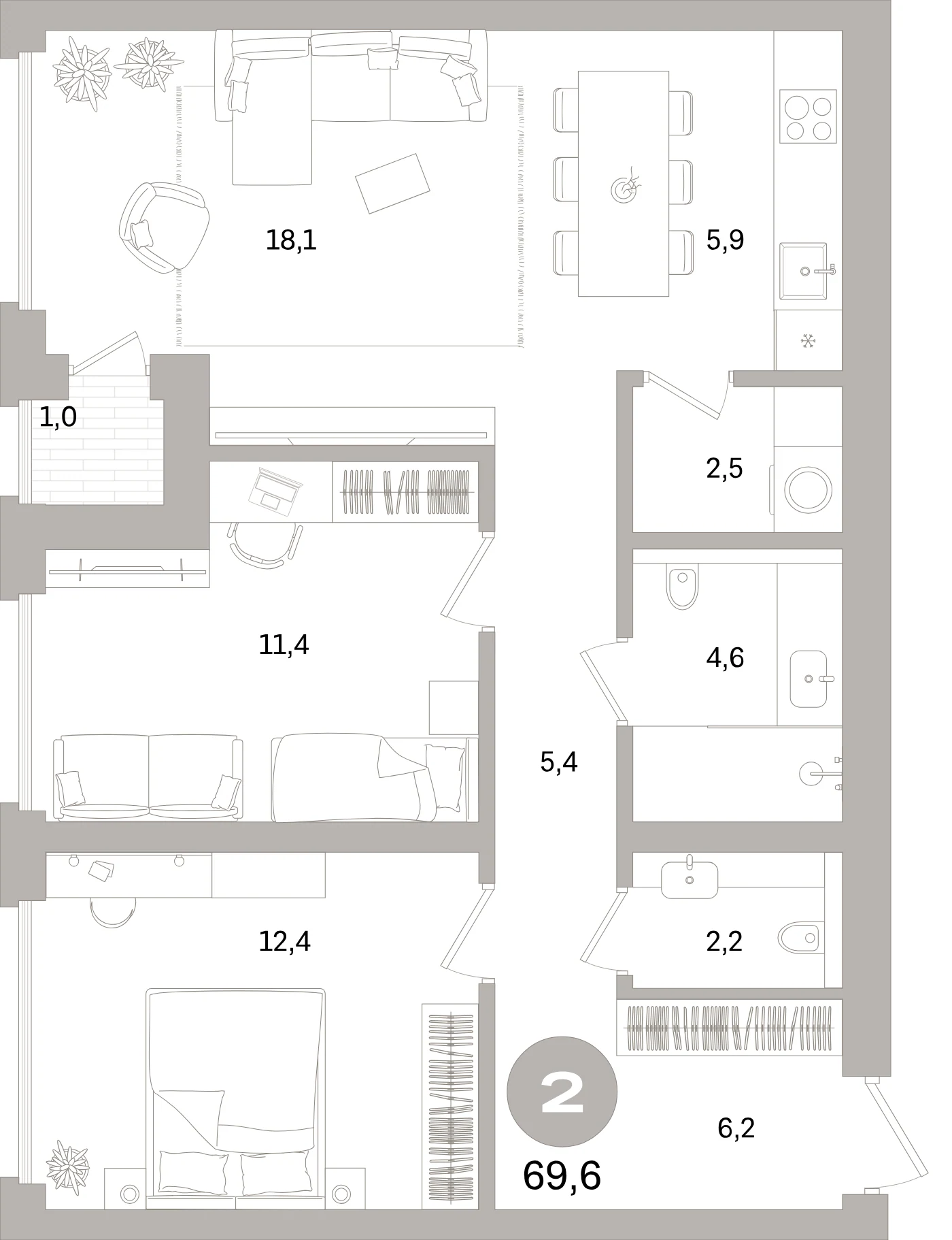 Планировка 3-комнатная 69,6 м² в жилом квартале «Северный ветер» — Жилой квартал «Северный ветер»