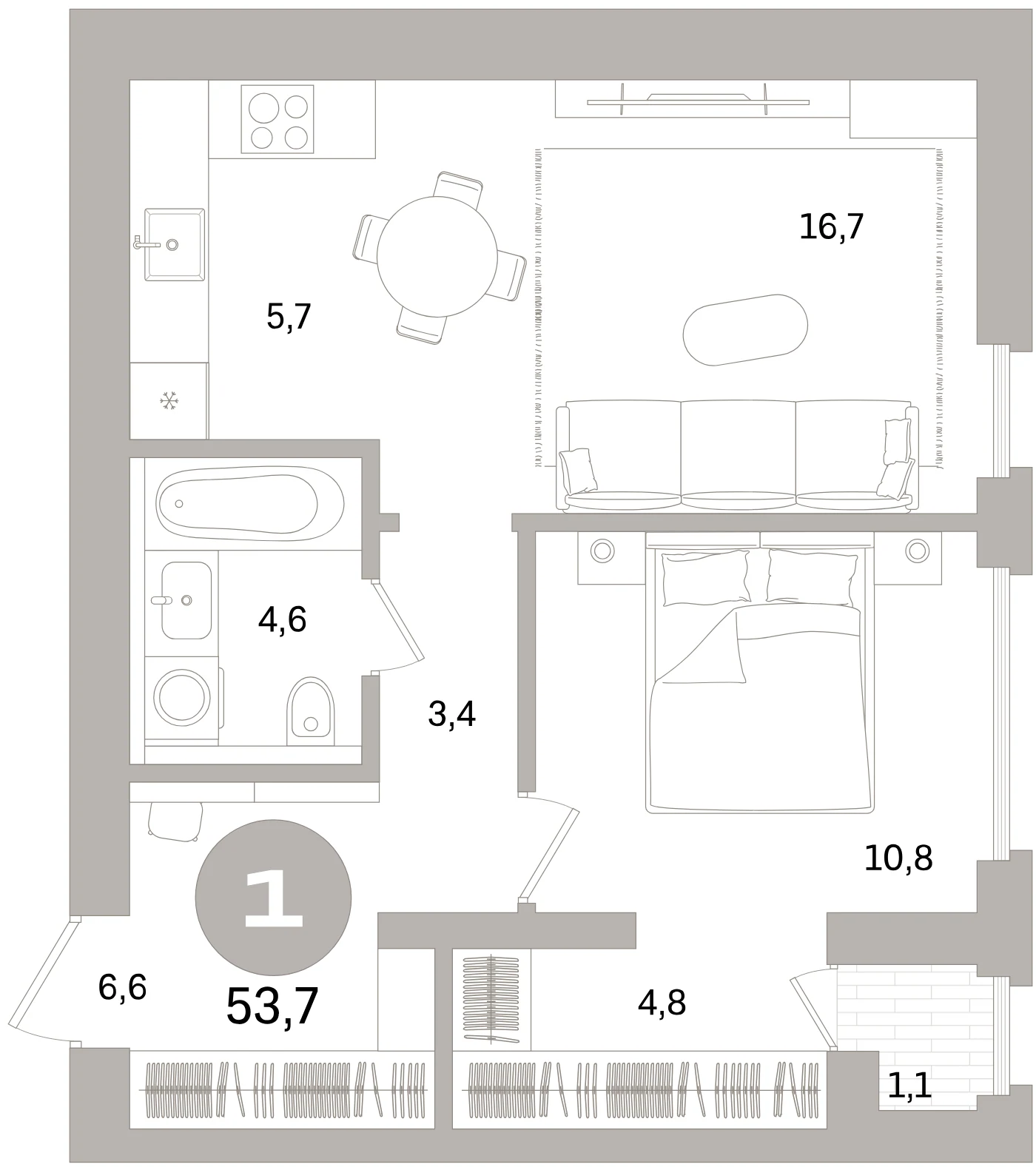 Планировка 2-комнатная 53,7 м² в жилом квартале «Северный ветер» — Жилой квартал «Северный ветер»