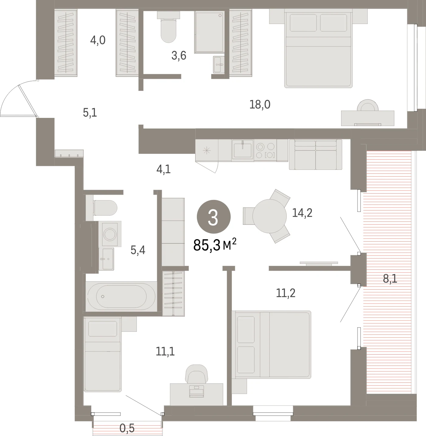 Планировка 4-комнатная 85,3 м² в жилом квартале «Северный ветер» — Жилой квартал «Северный ветер»
