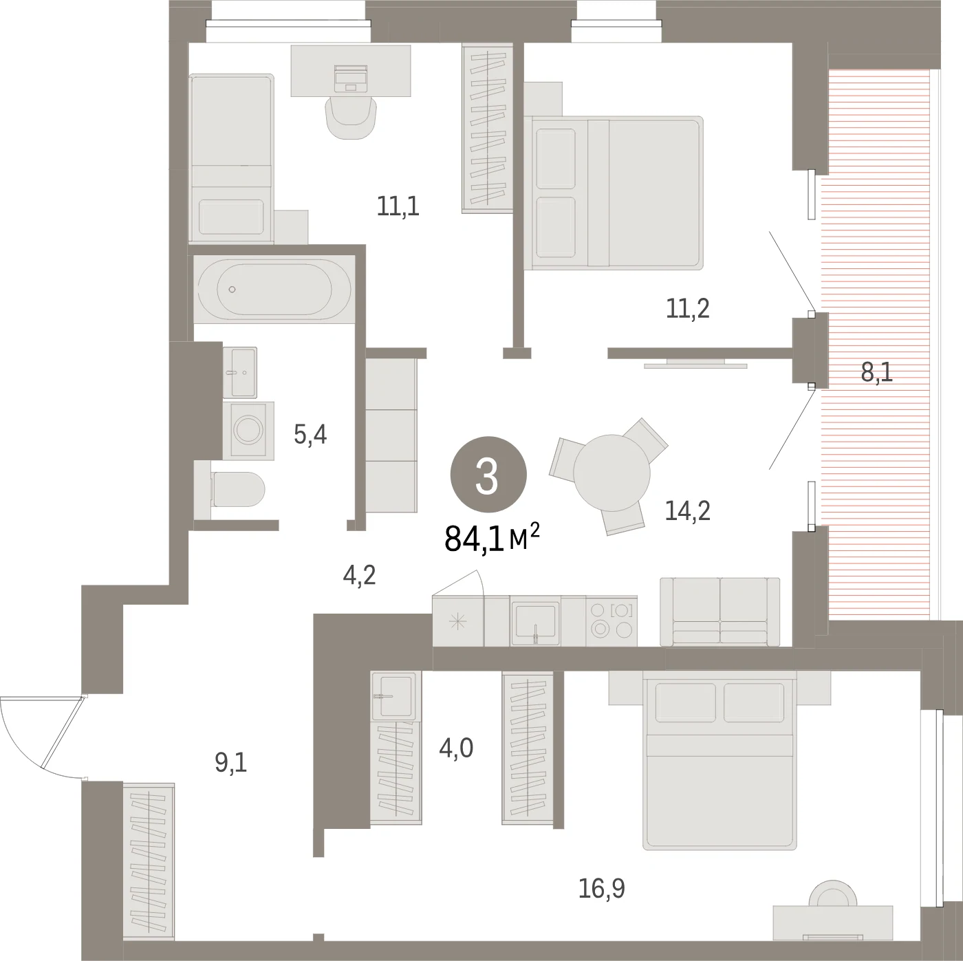 Планировка 4-комнатная 84,1 м² в жилом квартале «Северный ветер» — Жилой квартал «Северный ветер»