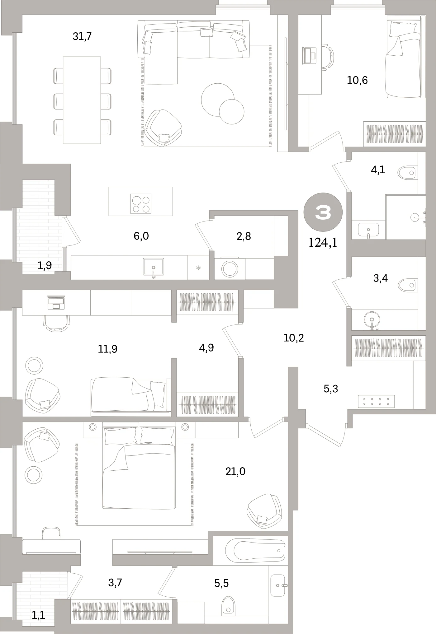 Планировка 4-комнатная 124,1 м² в жилом квартале «Северный ветер» — Жилой квартал «Северный ветер»