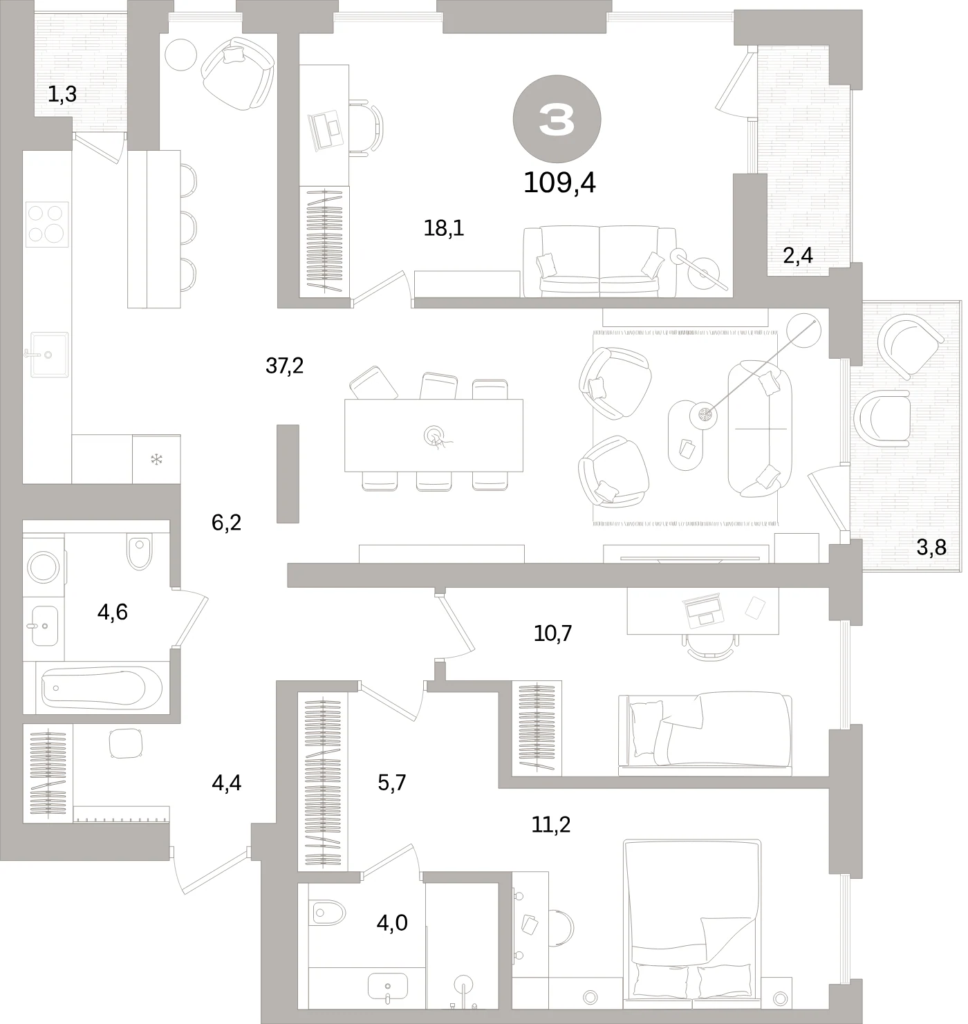 Планировка 4-комнатная 109,4 м² в жилом квартале «Северный ветер» — Жилой квартал «Северный ветер»