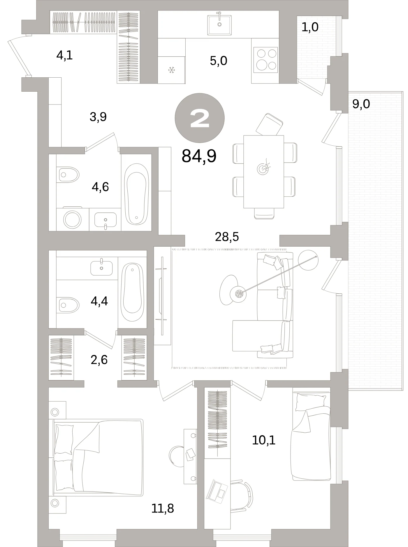 Планировка 3-комнатная 84,9 м² в жилом квартале «Северный ветер» — Жилой квартал «Северный ветер»